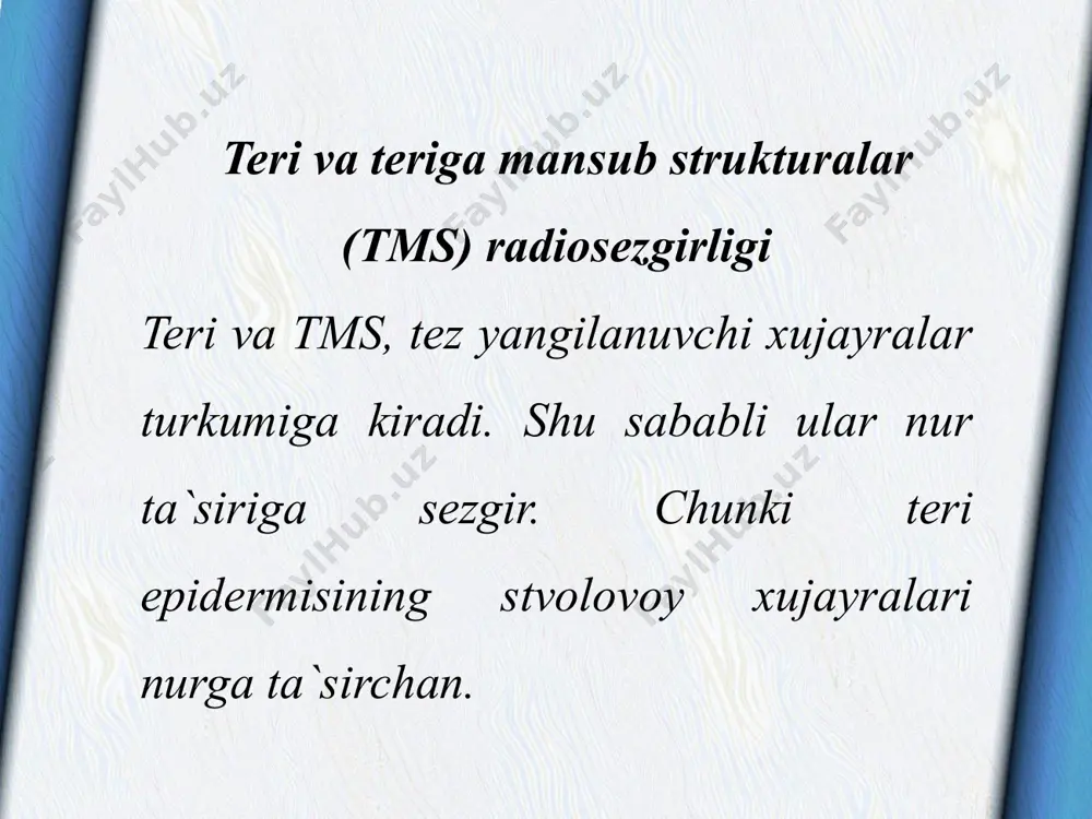 adigan darsliklar yarmonenko s.p. radiobiologiya cheloveka i jivotnix. m.: «visshaya shkola». 1988. kudryashov. b. s, berenfel`d «osnovы radiatsionnoy biofiziki» m. «universitet» 1982. to`raqulov yo. x. biokimyo t.: «o`qituvchi» 1998. nikolaev a.ya. biologik ximiya. t.: «ibn sino» 1991. image10.jpeg image11.jpeg image12.jpeg image13.jpeg image14.jpeg image15.jpeg image1.jpeg image2.jpeg image3.jpeg image4.jpeg image5.jpeg image6.jpeg image7.jpeg image8.jpeg image9.jpeg