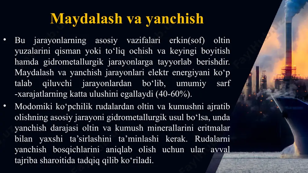shlyuzlarda boyitish sochma kon (oltin, volfram, qalay va kamyob metallar) rudalarini boyitishda shlyuz deb ataluvchi dastgohdan foydalaniladi. shlyuz – to‘g‘ri burchak shakldagi qiya tarnovchadan iborat bo‘lib, uning tubiga trafaret yoki juni o‘siq mato (kigiz, tuki o‘siq, movut, g‘adirbudir rezina va h.k.) to‘shaladi. shuningdek, metall trafaretlar ham ishlatiladi. ular suvning uyurma (girdob) oqimini hosil qiladi, g‘adir-budir materialdan tayyorlangan qoplamalar esa shlyuzning tubi bo‘ylab harakatlanayotgan zarrachalarga qarshilikni oshiradi va quyi qatlamlarda suv harakatini pasaytiradi. trafaret va qoplamalar shlyuzlar ishining sifat ko‘'rsatkichlarini belgilovchi muhim omil hisoblanadi. this presentation uses a free template provided by fppt.com www.free-power-point-templates.com oltinni konsentratsion stollarda boyitish cho‘ktirish mashinasidan olingan graviokonsentrat qo‘shimcha boyitish uchun yuvish jarayoniga jonatiladi(перечисткa). bu vazifani bajarishda konsentratsion stollardan foydalaniladi. stollarda boyitish – mineral zarralarning suvli oqimda zichliklar farqi evaziga ajralishiga asoslangan. this presentation uses a free template provided by fppt.com www.free-power-point-templates.com e’tiboringiz uchun raxmat! this presentation uses a free template provided by fppt.com www.free-power-point-templates.com image2.jpg image3.jpg …