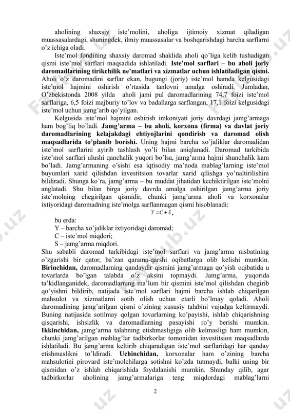 yojlarni qondirishda nomoddiy ko’rinishdagi ne’mat va xizmatlarning tegishli nafli xususiyatlaridan foydalanish. bularga bilim olish, musiqa tinglash, sog’liqni tiklash, advokat xizmatidan foydalanish va boshqalarni misol qilish mumkin. yakka tartibdagi yoki jamoa bo’lib iste’mol qilish ham farqlanadi. alohida shaxsning o’z ixtiyorida bo’lgan ne’matlarni iste’mol qilishi yakka tartibdagi iste’molga, jamiyat a’zolari turli guruhlarining ne’matlardan birgalikda foydalanishi jamoa bo’lib iste’mol qilishga kiradi. masalan, ovqatlanish, kiyinish, badiiy asarlar o’qish yakka tartibdagi iste’molni, jamoat transportidan foydalanish, o’yingohlarda sport o’yinlarini tomosha qilish, sihat maskanlarida sog’liqni tiklash jamoa bo’lib iste’mol qilishni anglatadi. milliy daromadning jamiyat a’zolaring moddiy va ma’naviy ehtiyojlarini qondirishga sarflanuvchi qismi iste’mol fondi deb ataladi. iste’mol fondi butun aholining shaxsiy iste’molini, aholiga ijtimoiy xizmat qiladigan muassasalardagi, shuningdek, ilmiy muassasalar va boshqarishdagi barcha sarflarni o’z ichiga oladi. iste’mol fondining shaxsiy daromad shaklida aholi qo’liga kelib tushadigan qismi iste’mol sarflari maqsadida ishlatiladi. iste’mol sarflari – bu aholi joriy daromadlarining tirikchilik ne’matlari va xizmatlar uchun ishlatiladigan qismi. aholi o’z …