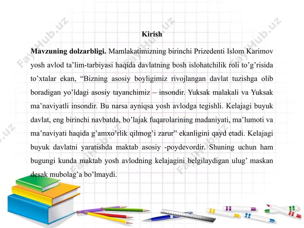 larning nutq va fikrlashlari shu asosda tarkib rivojlantiriladi. geometrik materialni o’rganish vazifalarini nazarda tutib, materialni o’rganayotganda turli ko’rsatma qo’llanmalardan keng foydalaniladi. bular jumlasiga geometrik figuralarning rangli karta yoki qalin qog’ozdan tayyorlangan sinf ko’rgazmali modellari, figuralar, turli shakldagi jismlar, shuningdek geometrik figuralar tasvirlangan plakatlar, doskadagi chizmalar, diafilmlar kiradi. bundan tashqari individual ko’rsatma qo’llanmalar bo’lgan qog’oz poloskalar boshlang’ich sinflarda geometrik materiallar bilan ishlashdan asosiy maqsad o’quvchilarga to’g’ri chiziq kesmasi, burchaklar, shakllar, (uchburchak, to'rtburchak, ko'pburchakning aniq ko’rsatmali tasvirini berish, shakllarning ba'zi xossalarini ko’rib chiqish va bu bilimlardan bolalarning uzunlik va yuzlarini o’lchay olish malakalarini egallashda foydalana olishni ta'minlashdan iboratdir. 1.2. geometrik materialni o’rganish bo’yicha material predmetlarning fazodagi vaziyatini xarakterlayotganda agar bolaning o’zi sanoq boshi( bolaga nisbatan chapda-o’ngda, oldi-orqasida, yuqorida-pastda, yaqinda-uzoqda va hakozo) bo’lsa maktabgacha yoshdagi bolalar fazoviy munosabatlarni ancha erkin anglaydilar. tekislikdagi yoki fazodagi predmetlarning boshqa predmetga yoki boshqa kishiga nisbatan vaziyatini bola ancha qiyinchilik bilan aniqlaydi matematik ta'lim standarti deganda o’quvchilarning matematik …