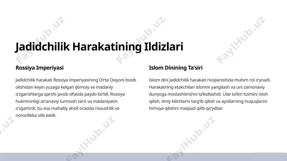 irish kabi ijtimoiy islohotlarni talab qilishdi. 3 jadidchilik harakati rahbarlari ismoil gasprinskiy jadidchilik harakatining eng yirik va taʼsirli rahbarlaridan biri ismoil gasprinskiy edi. u "tarjiman" gazetasini nashr qilgan va turkiy xalqlarning milliy ongiga katta taʼsir koʻrsatgan. u turkiy xalqlar orasida taʼlimni rivojlantirish, millatlar aro birdamlikni mustahkamlash va islomni yangilash gʻoyalarini targʻib qilgan. 4 munavvar qori abdurashidov munavvar qori abdurashidov oʻzbekistonda jadidchilik harakatining yirik etakchisi edi. u toshkentda "turkiston viloyati maktablarida taʼlim-tarbiya masalalari boʻyicha qoidalar"ni yozgan va "oʻzbekiston" gazetasini nashr qilgan. u jadidchilik maktablarini ochish va zamonaviy taʼlimni targʻib qilishda katta hissa qoʻshgan. jadidchilik harakati rahbarlari jadidchilik harakatining taʼsiri taʼlim islohotlari jadidchilik harakati oʻrta osiyoda zamonaviy taʼlim tizimini joriy etishga katta hissa qoʻshdi. jadidchilik maktablari rus tili, matematik, fan kabi yangi fanlarni oʻqitishni boshlagan va bu keyinchalik jamiyatning rivojlanishiga ijobiy taʼsir koʻrsatgan. madaniy uygʻonish jadidlar oʻrta osiyo xalqlarining milliy ongiga katta taʼsir koʻrsatgan va ularning oʻz tarixi, tili va madaniyatiga qiziqishini …
