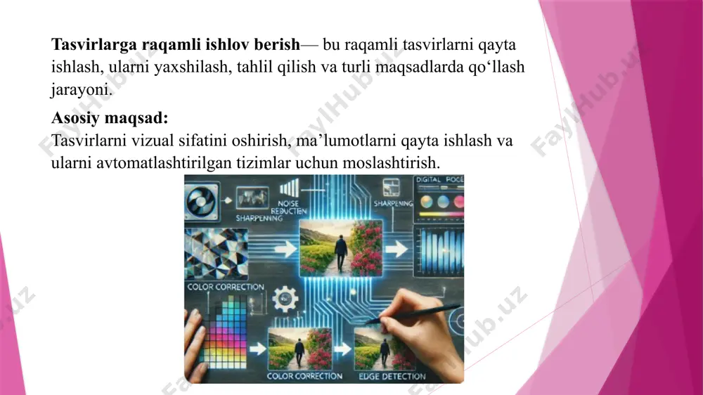 rni tanib olish – kiruvchi tasvirni tavsiflash yoki uni ma’lum bir sinfga ajratish imkonini beradigan metodlarni qo‘llash. piksellar: raqamli tasvirlar minglab yoki millionlab kichik piksellardan tashkil topadi, har bir piksel ma’lum bir rang yoki yorqinlik qiymatiga ega. raqamli tasvirlarni qayta ishlash — bu kompyuter yoki algoritmlar orqali tasvirlarni yaxshilash, shovqinlarni olib tashlash, segmentatsiya qilish va tahlil qilish jarayoni. asosiy vazifalar: tasvirlarni vizual sifatini yaxshilash. ma’lumotlarni tahlil qilish va qayta ishlash. obyektlarni avtomatik aniqlash. raqamli tasvirlarni qayta ishlash bosqichlari shovqinlarni kamaytirish: tasvirdagi shovqinni filtrlar orqali olib tashlash (median, gauss filtrlari). kontrastlikni oshirish: tasvirdagi obyektlar va yorqinlik darajasini oshirish uchun kontrastlikni yaxshilash. rang balansini to‘g‘rilash: tasvirdagi ranglarning mosligini saqlash yoki rang palitrasini to‘g‘rilash. segmentatsiya: tasvirdagi obyektlarni yoki turli hududlarni ajratib ko‘rsatish. rangli tasvir: har bir piksel uchta rang komponentiga ega bo‘ladi — qizil (r), yashil (g) va ko‘k (b). har bir komponent 8 bitli qiymatga ega bo‘lib, tasvirdagi har bir piksel uchun …