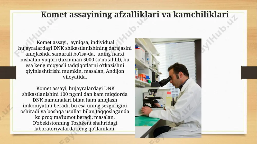 chernobil kabi hududlarda yuqori darajada kuzatiladi. kimyoviy moddalar, jumladan, sigareta tutuni tarkibidagi benzopiren kabi kanserogenlar, dnkga 50 dan ortiq turli xil adduktlarni qo'shishi mumkin, bu esa dnkning replikatsiyasi va transkripsiyasini buzadi va o'smalar hosil bo'lishiga olib keladi. komet assayi qoʻllanilishi: atrof-muhit monitoringi komet assayi yordamida orol dengizi atrofidagi 5 ta hududda yashovchi aholining dnk zararlanish darajasini 2022-yilda o'rganish natijalari, suv va tuproq namunalarini tahlil qilish bilan birga, atrof-muhit ifloslanishining inson salomatligiga ta'sirini aniqlashga yordam berdi. toshkent viloyatining 3 ta sanoat korxonasidan olingan chiqindi suv namunalarida komet assayi yordamida og'ir metallarning yuqori konsentratsiyasi bilan bog'liq dnk shikastlanishining yuqori darajasi aniqlandi, bu esa atrof-muhitni muhofaza qilish choralarini kuchaytirish zarurligini ko'rsatdi. e'tiboringiz uchun rahmat @taqdimot_robot image7.jpg image8.jpg image9.jpg image10.jpg image11.jpg image12.jpg image13.jpg image14.jpg image15.jpg image3.png image4.png