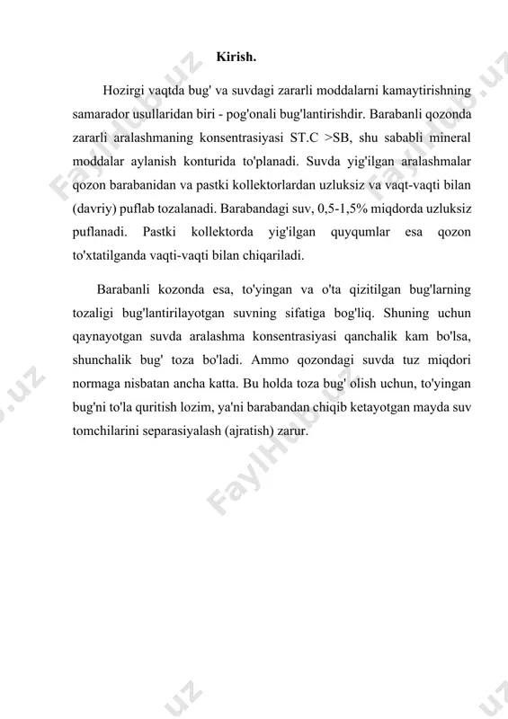 u holda toza bug' olish uchun, to'yingan bug'ni to'la quritish lozim, ya'ni barabandan chiqib ketayotgan mayda suv tomchilarini separasiyalash (ajratish) zarur. ta'minlash suvi va bug’ning ifloslanishi ies ning ishlashi vaqtida bug' va ta'minlash suvi har xil zararli aralashmalar bilan ifloslanadi. elektr stansiyadagi asosiy ifloslanish manbalari va ularning tarkibi 1 - jadvalda ko'rsatilgan. 1 - jadval asosiy ifloslanish manbalari asosiy ifloslanish tarkibi kondensatorlar-da sovutish suvi-ning so'rilishi tuzlar, (kalsiy, magniy va natriy xloridlari, sulfatlari va bikarbonatlari), kolloid aralashmalar (organik moddalar, kremniy kislota), erimagan moddalar va gazlar ( o2, so2, n2). ta'minlash suvining isitgichlarida so'rilishi tuzlar (kalsiy, magniy va natriy xloridlari, sulfatlari va bikarbonatlari), kremniy kislota va gazlar qo'shimcha suv: tuzsiz, distillyat natriy birikmalar, metall korroziyasining mahsulot-lari, organik birikmalar gazlar o2 (tuzsiz suv) so2 (distillyat) gazlar o2 (tuzsiz suv) so2 (distillyat) yumshatilgan natriy birikmalari, kremniy kislota, gazlar (gazli aralashmalar tarkibi suvni qayta ishlash chizmasiga bog'lik) korroziya maxsulotlari fe, si, sg, ni, zn, co, …