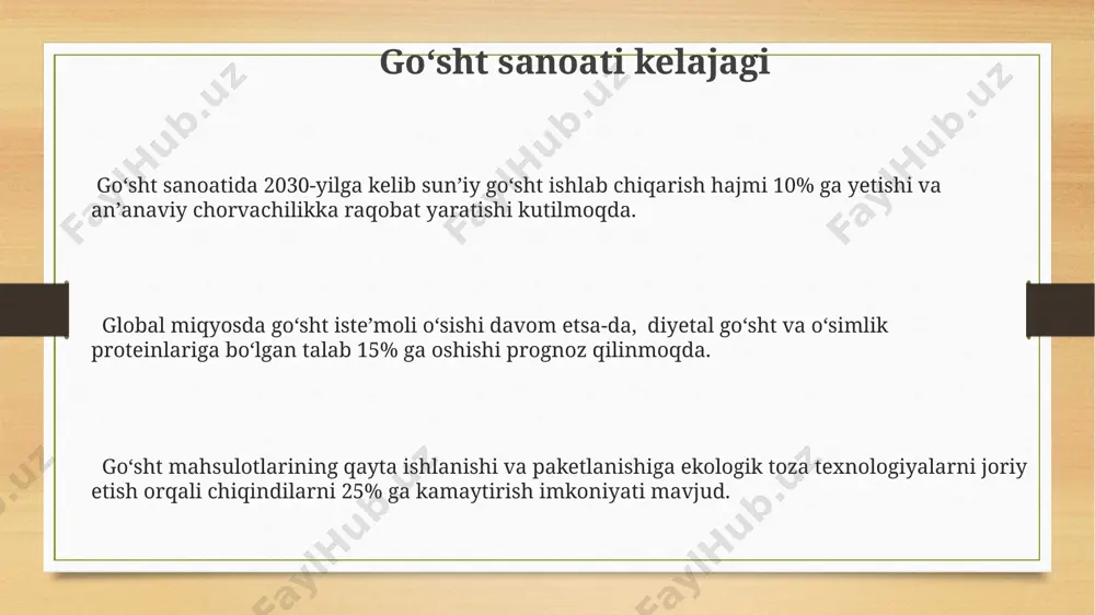 i namoyon etdi. goʻsht mahsulotlari ishlab chiqarishda kichik va oʻrta biznes korxonalarining ulushi 60% dan yuqori boʻlib, raqobatbardoshlikni oshirish uchun zamonaviy texnologiyalarni joriy etishga ehtiyoj mavjud. e'tiboringiz uchun rahmat @taqdimot_robot image3.png image4.png