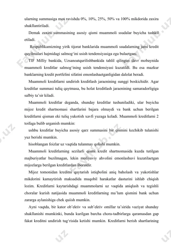 tiv omillar ta’sirida vaziyat shunday shakllanishi mumkinki, bunda kurilgan barcha chora-tadbirlarga qaramasdan gap fakat kreditni undirish tug‘risida ketishi mumkin. kreditlarni berish shartlarining turlicha ekanligi va muammoli ssudalarning yuzaga kelishidagi sharoitlarning bir xilda emasligi har bir muammoli ssudaga individual endashuvni talab qiladi. ammo, shunga qaramasdan muammoli kreditlarni undirish yuzasidan umumiy tizim ishlab chiqish lozim. shunisi xarakterliki, kreditni undirish strategiyasini mijoz ahvolini oldindan tahlil qilmasdan turib aniqlash mumkin emas. shu boisdan mijozning moliyaviy ahvolini baholash va vaziyatni kelgusida rivojlantirish prognozini ishlab chikish zarur. shuningdek, garovning joriy qiymatini eki sotilishi mumkin bulgan alohida aktivlarning joriy qiiymatini belgilab olish zarur. bank muammoli kreditlarni undirish strategiyasini ishlab chikishi uchun, avvalo, etarli mikdorda ma’lumotlar tuplashi zarur. buning uchun esa mijozlarning joriy ahvolini qushimcha tarzda mukammal tahlil qilish lozim. tahlilni amalga oshirish uchun bank etarli darajada ichki resurslarga ega bulishi kerak. ayrim tijorat banklari uzlarining ixtisoslashtirilgan bulinmalarini tashkil etadilar. kupchilik tijorat banklari esa xolis auditorlik firmalarini maxsus …