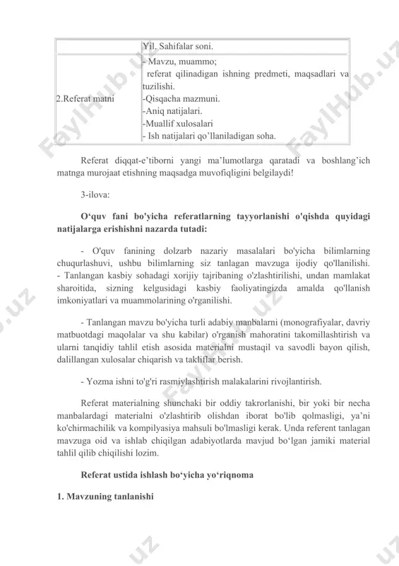 ash bo‘yicha yo‘riqnoma 1. mavzuning tanlanishi kafedra taklif qiladigan referatlar mavzulari namunaviy bo‘ladi. sizning o‘zingizning qiziqishlaringiz va mayllaringizga mos keladigan mavzuni tanlashga mustaqil yondashishingiz maqsadga muvofiq. siz o‘z qiziqishlaringiz doirasi asosida tanlangan muammoga amal qilib va uni asoslash bilan kafedra tavsiya qilgan mavzular ro‘yxatiga kirmagan referat mavzuini taklif qilishingiz ham mumkin. bunday vaziyatda taklif qilayotgan referat mavzuingizni ilmiy rahbaringiz bilan albatta kelishib olishingiz kerak bo’ladi. 2. tayyorgarlik ishlari: asosiy manbalarni o‘rganish siz referat mavzuini tanlagach, 1) tanlangan mavzuga tegishli masalalar doirasi bilan tanishib chiqing - leksiya materiallarini ko’zdan kechiring, - fan bo’yicha o’quv dasturiga ko’ra tegishli mavzu uchun tavsiya etilgan adabiyotlarni yana bir bor tahlil qiling. bu sizning mavzuning mohiyati, uning o‘rganiladigan kursdagi o‘rni va ahamiyati to‘g‘risida aniq tasavvur olishingizga imkon beradi. o’zbekiston respublikasi hukumatining tadqiqot mavzuiga tegishli sohadagi qonunchilik hujjatlari va qarorlarini bilish ham referat sifatini oshirishga yordam beradi. ishning dastlabki bosqichi yakuni bibliografiyadan iborat bo’ladi. 3. zarur materialning …