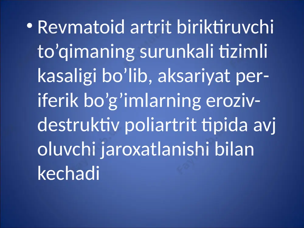 oshishi echt mmg`soat s-reaktiv oqsil yo’q yo’q yo’q 15 >40 q q q va yuqori bosqichlari (rentgen ko’rinishi bo’yicha) i bosqich- osteoporoz, destruktiv rentgenologik o’zgarishlarsiz iibosqich- tog’ay va suyakning bir oz jaroxatlanishi, bo’g’im oralig’ining bir oz torayishi, suyakda yakka eroziyalar iii bosqich - tog’ay va suyakning jaroxatlanishi, bo’g’im oralig’ining ifodalangan torayishi, ko’p sonli eroziyalar, bo’g’imning chala chiqishi iv bosqich - iii bosqich simptomlarining ankiloz bilan qo‘shilib kelishi tayanch-harakat apparatining funksional yetishmovchiligi 0-yo’q i-professional mehnatga layoqati cheklangan ii-professional mehnatga layoqati yo’qolgan. iii-o’ziga xizmat qilish layoqati yo’qolgan 10 prof. rizamuxamedova m.z. yangi tasnif (rossiya revmatologlar assotsiatsiyasi plenium majlisida 30 sentyabr 2007 y qabul qilingan.) 1. asosiy tashxis: revmatoid artrit seropozitiv (m05.8) revmatoid artrit seronegativ (m06.0) revmatoid artrit aloxida klinik shaklllari: - felti sindromi (m05.0) - kattalarda rivojlanadigan still kasalligi (m06.1) revmatoid artrit extimolligi (m05.9, m06.4, m06.9) 2. klinik bosqichlari: - juda erta bosqichi: kasallik davomiyligi 1 yil - kech bosqichi: kasallik davomiyligi …