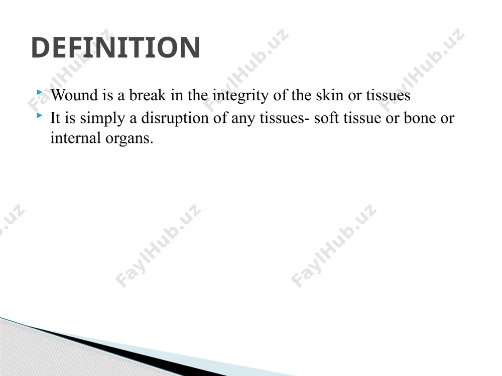 ials or excess exudates or crusts. ideally done under aseptic precautions using warm sterile isotonic ns management wound is inspected and classified as per type of wound if it is in the vital area then, make sure abcs are maintained incised wound- primary suturing done after thorough cleaning lacerated- wound is excised and primary suturing done crush or devitalised wound- there will be oedema and tension in wound so after thorough cleaning of wound oedema is allowed to subside for 2-6 days then delayed primary suturing is done. deep devitalised wound- after debridement it is allowed to granulate completely and later secondary suturing is done specific management 1- to promote wound healing by primary intention . 2- to prevent infection . 3- to assess the healing process 4- to protect the wound from mechanical trauma . 5- to absorb drainage. 6- to prevent contamination from bodily discharge. dressing made up …
