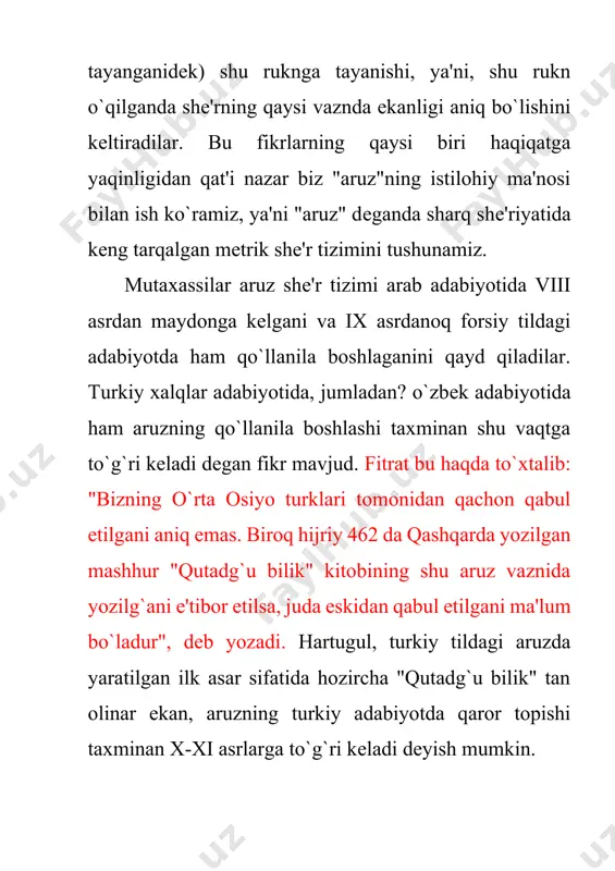 ga muvofiq) harfni, boshqalari esa (turkiy tillar va turkiy aruz xususiyatlaridan kelib chiqib) hijoni ko`rsatishadi. ya'ni, eng kichik ritmik bo`lak sifatida harfning olinishi arab tili (va yozuvi) uchun xosroq, o`zbek tili uchun esa hijoning olingani qulayroq. shunday bo`lsa ham, aruzdagi tarkiblanishni yaxshiroq tasavvur qilish uchun harf eng kichik birlik sifatida olingan holatdagi tarkiblanishga qisqacha to`xtalib o`tish maqsadga muvofiq. demak, arab aruzshunosligida eng kichik ritmik bo`lak — harf, harf esa ikki turli bo`ladi: mutaharrik (cho`zg`ili) va sokin (cho`zg`isiz). cho`zg`i deganda unli tovush tushunilishi e'tiborda tutilsa, "mutaharrik harf", "sokin harf" atamalarining ma'nosi anglashiladi. masalan, "ko`z" so`zi ikkita harf: bir mutaharrik ("ko`") va bir sokindan ("z") tarkib topadi. mutaharrik va sokin harflarning muayyan tartibda qo`shilishidan juzvlar yuzaga keladi. juzvlar harfga nisbatan kattaroq ritmik bo`lak sanalib, ular har biri o`z ichida ikkiga bo`linadigan uch turga ajratiladi: sabab, vatad va fosila. juzvlarning muayyan tartibda birikishidan ruknlar, ruknlarning she'r misrasida muayyan tartibda takrorlanishidan bahrlar hosil bo`ladi. …