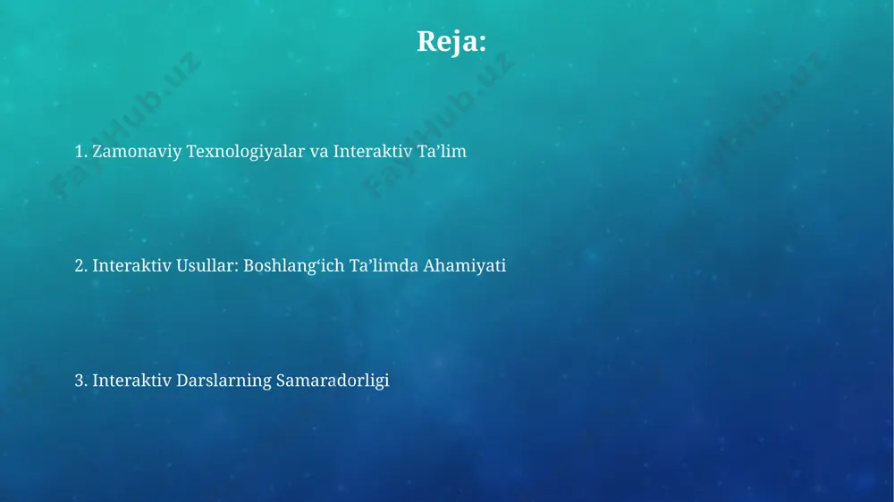 iladigan lego konstruktorlarini yoki rangli kartalarni kiritish, bolalarning faol ishtirokini ta'minlab, bilimni oson va qiziqarli qiladi. bolalarni guruhli ishlarga, masalan, toshkentdagi maktablarda amalga oshirilayotgan 7 kishilik guruhlarda loyiha yaratishga jalb qilish, ularning hamkorlik qilish, fikr almashish va muammolarni birgalikda hal qilish ko'nikmalarini rivojlantiradi. o'qituvchi va o'quvchi o'rtasidagi aloqani mustahkamlash samarqanddagi 200 nafar birinchi sinf o'quvchisi bilan o'tkazilgan tadqiqot shuni ko'rsatdiki, interfaol usullar qo'llanilganda o'qituvchi va o'quvchi o'rtasidagi ishonch 30% ga oshgan. o'zbekistonning 5 ta viloyatida o'tkazilgan 2022 yilgi ta'lim loyihasi natijalariga ko'ra, o'yin shaklidagi interfaol mashg'ulotlar o'quvchilarning faol ishtirokini 45% ga oshirgan va o'qituvchilar bilan aloqani yaxshilagan. amaliy bilimlarni shakillantirish qoraqalpog‘iston respublikasidagi 1000 dan ortiq o‘quvchilar bilan o‘tkazilgan sinovlarda, amaliy bilimlarni shakillantirishda 80% muvaffaqiyatga interaktiv darsliklar va dasturlar sabab bo‘lgan. amaliy bilimlarni shakillantirishda interfaol usullar, masalan, samarqanddagi 5-sinf o‘quvchilarida 70% ga yaqin amaliy ko‘nikmalarni rivojlantirishda samarali bo‘lgan. jamoa ishida hamkorlikni o'rnatish jamoa ishida ishida hamkorlikni o'rnatishda 5-7 yoshli bolalar o'rtasida …