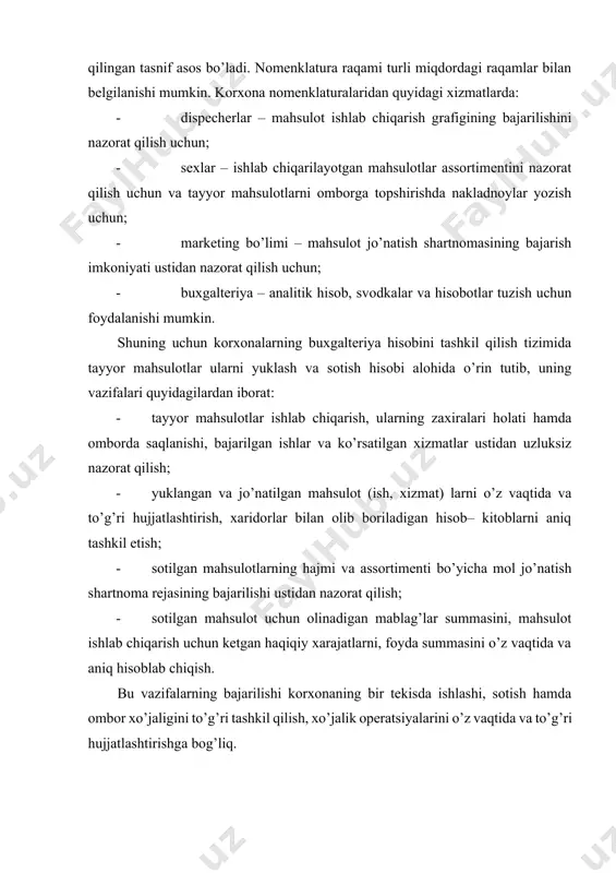 yda summasini o’z vaqtida va aniq hisoblab chiqish. bu vazifalarning bajarilishi korxonaning bir tekisda ishlashi, sotish hamda ombor xo’jaligini to’g’ri tashkil qilish, xo’jalik operatsiyalarini o’z vaqtida va to’g’ri hujjatlashtirishga bog’liq. 2. mahsulotni yuklab jo’natish va sotish jarayonini hujjatlarda rasmiylashtirish тayyor mahsulotlarni ishlab chiqarish sohasidan omborxonaga o’tkazish jarayonida quyidagi dastlabki hujjatlar: qabul qilish – topshirish nakladnoylari, dalolatnomalar, rejalar, kartalariga muvofiq hisobga olinadi. тayyor mahsulotlarni yuklab jo’natish o’z ichiga ikkita hujjatni – omborga buyruq va jo’natish uchun nakladnoyni qamrab oladigan buyruq – nakladnoy bilan rasmiylashtiriladi. omborga buyruqni xaridorlar bilan tuzilgan sharnoma shartlariga asosan mol oluvchining nomi, uning kodi, mahsulotning miqdori va assortimenti hamda jo’natish muddati ko’rsatilganligini tegishli xizmat bo’limi yozib beradi. bu hujjat tegishli xizmat boshlig’i, omborchi va ekspeditor tomonidan imzolanadi. buyruq – nakladnoy ikki nusxada tuzilib, birinchisi tovar – transport nakladnoyiga binoan jo’natilgan o’rin miqdorini, yukning og’irligini va mol oluvchining bekatigacha mahsulotni yetkazib berish bo’yicha to’langan temir yo’l tarifi summasini ko’rsatish …