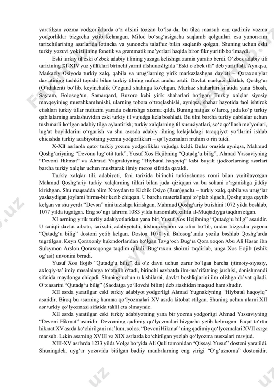 shu binoni qurish bilan bog‘liq bo‘lgan voqea-hodisalar bayon etilgan. bundan tashqarii o‘rta osiyo hududida juda ko‘p epitafiyalar-maqbaralar yoki qabrlarning ustiga bitilgan yozuvlar ham borki, ularni o‘rganish tarix fani uchun juda muhim materiallar beradi. epigrafik yodgorliklar o‘rta osiyoning barcha shahar va qishloqlarida topiladi. lekin ularning ko‘pligi va xilma-xilligi jihatidan oldingi o‘rinlarni buxoro, samarqand, xiva, shahrisabz (kesh), termiz, toshkent (shosh) kabi shaharlar egallaydi. bundan tashqari juda ko‘plab epigrafik yodgorliklar axsi, chust, koson, pop, dalvarzintepa, qo‘hna urganch kabi hozirda shahar sifatida o‘z qiymatini pasaytirgan yoki turli tarixiy sabablarga ko‘ra, xarobaga aylangan aholi punktlaridan ham topilgan. yuqorida aytilganidek, diniy mazmundagi bitik va pand-nasihatga oid matnlar moddiy yodgorliklarning barchasida mavjud. diniy mazmundagi bunday matnlar asosan arab tilida bitilgan. yodgorlikning boshqa qismlari esa xiv-xv asrlarda forsiy tilda yaratilgan. chunki forsiy til o‘rta asrlarda musulmon o‘lkalari ziyoliy qatlamning tili bo‘lib xizmat qilgan. har bir savodli kishi fors tilini ma’lum darajada bilishi talab etilgan. ayniqsa shoirlar, mirzalar, hunarmand-ustalar …