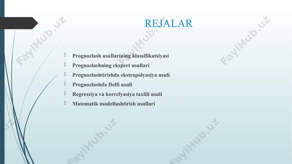 qogozi ko‘rinishida tayyorlaydi. jamoaviy-ekspert baholash ko‘p hollarda umumiy strategiyani prognozlashda prognozlanayotgan ob’ektning perspektiv taraqqiyoti haqida, ekspertlarning jamoaviy fikrlarini aniqlash prinsipiga asoslangan jamoaviy-ekspert baholash usulidan foydalanish mumkin. bu usullarni qo‘llash asosida ekspertning o‘rganayotgan muammoni muhimligi va ahamiyatliligini yetarli darajada baholash gepotezasi, ma’lum bir yo‘nalishdagi perspektiv taraqqiyoti, u yoki bu voqeaning yuzaga kelishi, prognoz ob’ekti taraqqiyotida maqsadli ma’lum bir muqobil yo‘lni tanlash gepotezasi yotadi. jamoaviy-ekspert baholash haqiqatdan ham ekspert jamoasi yordami bilan prognozlashni shakllantirishda asosiy masalalar quyidagilardir: malakali ekspert guruhlarini shakllantirish; ekspertizalarni tayyorlash va o‘tkazish; olingan hujjatlar asosida statistik hisoblashlar o‘tkazish. ekspert baholash natijasini statistik baholash anketalarda saqlangan, ko‘p sonli qiymatlar ko‘rinishida berilgan, ekspert baholash natijasini statistik baholash va ularning ishonchlilik chegaralari, ekspertlar fikrlari kelishuvini statistik baholash aniqlanadi. prognozlanayotgan kattaliklarning o‘rtacha ahamiyati quyidagi formula orqali aniqlanadi. bu erda: bj­ – tarafidan berilgan prognozlanayotgan kattalikning ahamiyati; n- guruhdagi ekspertlar soni. ekspert baholash natijasini statistik baholash bundan tashqari, dispersiyani ham aniqlash mumkin: (dispersiya, bu …