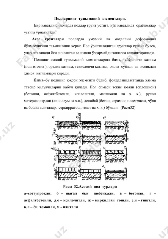 чи ҳолатда пол ёпмаси тагига ёпиштириладиган материаллар, иккинчисида қўйиладиган, асфалтли ёки тайёрлов қатлами тагига ёпиштириладиган материаллар қўлланилади. ёпиштириладиган ҳимоя қатлами мос тушадиган мастикаларга қўйилган 3-5 қатлам толдан, 2-4 қатлам гидроизолдан, 1-2 қатлам полиизобутилендан, қуйиладиган бутум ёки дегтига шимдирилган бир қатлам шебендан иборат бўлади. иссиқ ва товушдан ҳимоя қилиш учун полларга минерал ватали ва шиша толали маталар ва плиталар, ёғоч толали плиталар, енгил бетонли ва бошқа материаллар ўрнатилади. текис юзали ёпма поллар. намлиги юқори бўлган цехлар, полларга минерал ёғлар, ишқорлар, органик қоришмалар томиши, ҳамда механик ва юқори ҳарорат таoсирида бўлган хоналар поли бетон ва мозаикадан қилинади. алоҳида шароитларда пол ёпмаси иссиқга ва кислотага чидамли бетонлардан қилинади. бетон поллар тўлдирувчиси шағал ва шебенли маркаси 200-400 ли бетондан тайёрланади. цементни кўриниши ва тўлдирувчилар полларга бўлган талаблар асосида танланади. намлиги юқори ва транспорти доимий ҳаракатда бўлган цехларда бетон поллар қўлланилади. ыалинлиги 20-25 мм мозаик ёпмалар маркаси 200-300ли бетондан қилиниб, унга тошли ушшоқлар ботирилади. ушшоқлар …