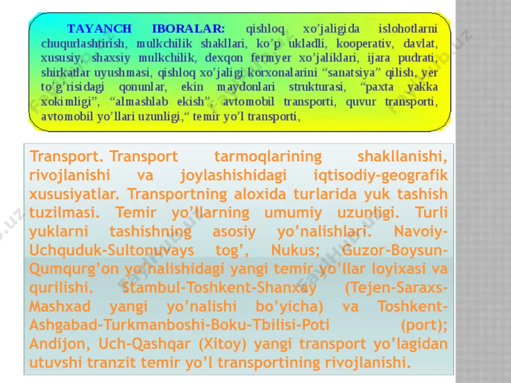 arta 1950 yilda amudaryoning nisbatan boshlang’ich qism suxondaryo viloyati hududida termiz daryo porti tashkil etilgan. quvur transporti tez rivojlanib bormoqda va mamlakat neft hamda gaz sanoatining rivojlanishi, aholini ichimlik suvi bilan to’la ta’minlash bo’yicha katta istiqbolga ega. umuman quvur transporti mamlakat iqtisodiy va ijtimoiy taraqqiyotida muhim omil bo’lib, u sanoat korxonalari va xo’jaliklarni, aholi manzilgohlari va shaharlarni tabiiy gaz va chuchuk suv bilan ta’minlashda katta ahamiyatga ega. tashqi iqtisodiy aloqalari tashqi iqtisodiy aloqalar sohasida yangi strategiya ishlab chiqilib, unda eksportning xomashyoviy yo’nalishini bartaraf etish hamda xorijiy invistitsiyalar oqimi kengayishiga ko’maklashish kabi yo’nalishlar belgilab olindi. mamlakatda tashi iqtisodiy aloqalar tizimi, ularni yo’lga qo’yishdagi asosiy tamoyillar ishlab chiqildi. shunday qilib, mamlakatimiz tashqi aloqasi, savdo geografiyasi juda kengayib bormoqda. o’zbekiston barcha qit’alarda joylashgan davlatlar bilan keng qamrovli savdo-sotiq aloqalarini olib bormoqda. o’zbekiston transporti va tashqi iqtisodiy aloqalarini yanada chuqurroq o’rganish. uning tarmoqlari bilan tanishish yangi takliflar va mulohazalar kiritish. transportning va tashqi iqtisodiy …
