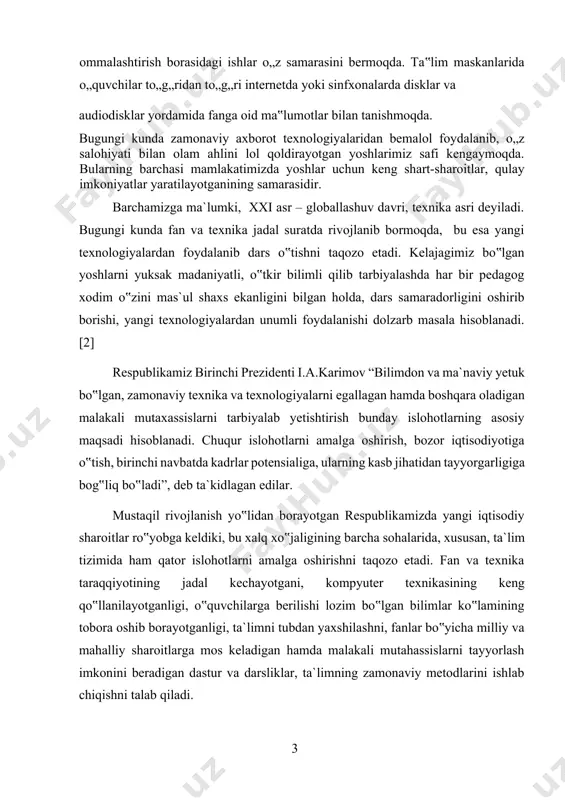 xassislarni tarbiyalab yetishtirish bunday islohotlarning asosiy maqsadi hisoblanadi. chuqur islohotlarni amalga oshirish, bozor iqtisodiyotiga o‟tish, birinchi navbatda kadrlar potensialiga, ularning kasb jihatidan tayyorgarligiga bog‟liq bo‟ladi”, deb ta`kidlagan edilar. mustaqil rivojlanish yo‟lidan borayotgan respublikamizda yangi iqtisodiy sharoitlar ro‟yobga keldiki, bu xalq xo‟jaligining barcha sohalarida, xususan, ta`lim tizimida ham qator islohotlarni amalga oshirishni taqozo etadi. fan va texnika taraqqiyotining jadal kechayotgani, kompyuter texnikasining keng qo‟llanilayotganligi, o‟quvchilarga berilishi lozim bo‟lgan bilimlar ko‟lamining tobora oshib borayotganligi, ta`limni tubdan yaxshilashni, fanlar bo‟yicha milliy va mahalliy sharoitlarga mos keladigan hamda malakali mutahassislarni tayyorlash imkonini beradigan dastur va darsliklar, ta`limning zamonaviy metodlarini ishlab chiqishni talab qiladi. o‟zbekiston respublikasi oliy majlisi qabul qilgan “ta`lim to‟g‟risida”gi qonunda ta`limni yanada takomillashtirish maqsadida respublika hududida ta`limni umumiy o‟rta ta`lim maktablari, akademik litseylar va kasb-hunar kollejlari orqali amalga oshirish maqsad qilib qo‟yilgan bo‟lsa, “kadrlar tayyorlash milliy dasturi” qonunida milliy tajribalarni tahlil qilgan holda hamda jahonning ilg‟or yutuqlarini e`tiborga olib akademik litsey va …