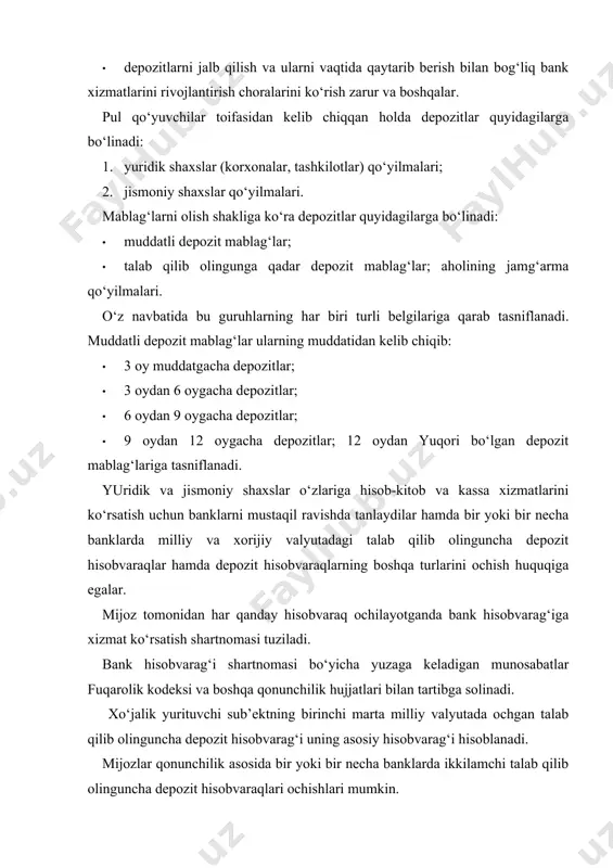 mg‘arma va muddatli hisobvaraqlar faqat byudjetdan tashqari mablag‘larni saqlash uchun ochiladi. respublika va mahalliy byudjetlar hisobidan mablag‘lar ajratiladigan korxonalar, tashkilotlar va muassasalarga har bir byudjet bo‘yicha alohida hisobvaraqlar ochiladi. mijozlar tomonidan hisobvaraqlar ochish uchun bankka ushbu yo‘riqnomada ko‘zda tutilgan zaruriy hujjatlar taqdim qilingan kundan boshlab, banklar ikki bank ish kuni mobaynida ularga hisobvaraqlar ochishlari shart. hisobvaraqlarning egalari hisobvaraq ochish uchun taqdim qilingan hujjatlarning haqiqiyligi bo‘yicha javobgardirlar.tadbirkorlik sub’ektlari uchun, banklarda ochiladigan hisobvaraqlar uchun to‘lov miqdori eng kam oylik ish haqining bir karrasidan oshmasligi lozim. xo‘jalik yurituvchi sub’ektlarga hisobvaraqlar ochilgandan keyin, banklar keyingi ish kunidan kechiktirmay, hisobvaraqlar ochilganligi to‘g‘risida tegishli soliq organiga yozma ravishda xabar berishlari shart. mijozlarning (tadbirkorlik faoliyati bilan shug‘ullanmaydigan jismoniy shaxslardan tashqari) hisobvaraq ochish uchun asos bo‘lgan hujjatlari, bank hisobvarag‘iga xizmat ko‘rsatish shartnomasi, shuningdek unga qilingan o‘zgartirishlar, mijozning manzili o‘zgarganligi to‘g‘risidagi bankka bergan xati va nomi o‘zgarganligini tasdiqlovchi hujjatning nusxasi mijozning alohida jildi (yuridik yig‘majildi)da saqlanadi. . tadbirkorlik sub’ektlari …