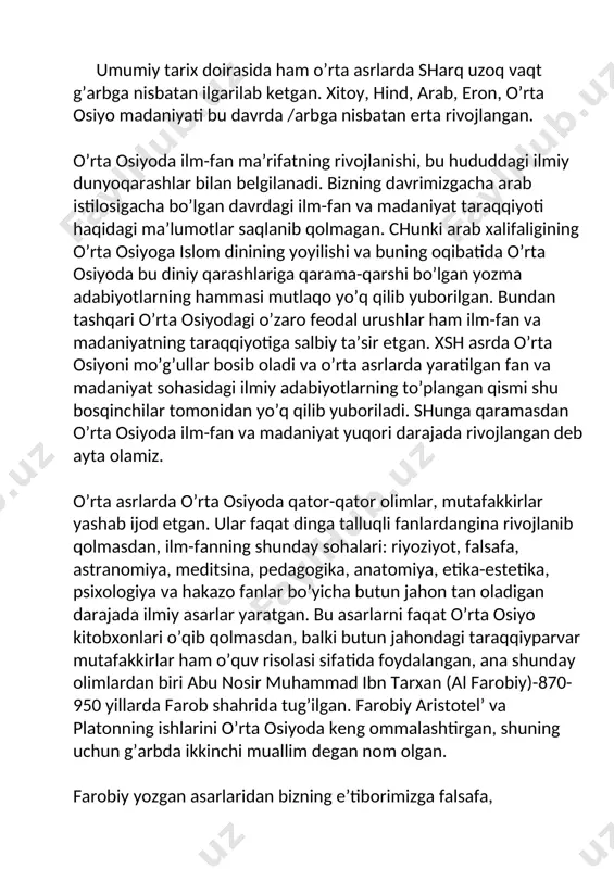tonning ishlarini o’rta osiyoda keng ommalashtirgan, shuning uchun g’arbda ikkinchi muallim degan nom olgan. farobiy yozgan asarlaridan bizning e’tiborimizga falsafa, pedagogika, psixologiya, etika-estetika bo’yicha asarlari qiziqtiradi. farobiyning fikricha muhit va tarbiyaning ta’sirida inson shaxsining ahloqiy sifatlari shakllanadi. ahloq-tushunchasi farobiy inson xarakteri bilan chambarchas bog’liq deb hisoblaydi. chunki xarakterdagi har bir xislatlarni yaxshi tomonga qaratib o’zgartirish mumkin. shunga asosan inson ahloqini faqat yaxshi tomonga qaratib o’zgartirish mumkin. uning fikricha inson shaxsining barkamol shakllanishi uchun 4 ta to’siq bor: 1. hurmatsizlik 2. ahloqsizlik 3. o’zgaruvchanlik 4. ikkilanish bundan tashqari farobiy tarbiyaning qattiq va yumshoqligi haqida ham o’z fikrlarini bayon qiladi. bu o’z navbatida tarbiya psixologiyasining asosiy g’oyasi va metodlaridan biri hisoblanadi. uning fikricha shogirdga ta’lim-tarbiya berishda haddan tashqari qattiqqo’llik ustozga nafrat hissini uyg’otadi. uning ruhida o’z ustoziga nisbatan qarama-qarshilikni yuzaga keltiradi. tarbiyadagi haddan tashqari yumshoqlik esa, shogirdga ustozga nisbatan mensimaslik hissini yuzaga ketiradi. u o’z ustozini aldashga va ustidan kulishga harakat qiladi, …