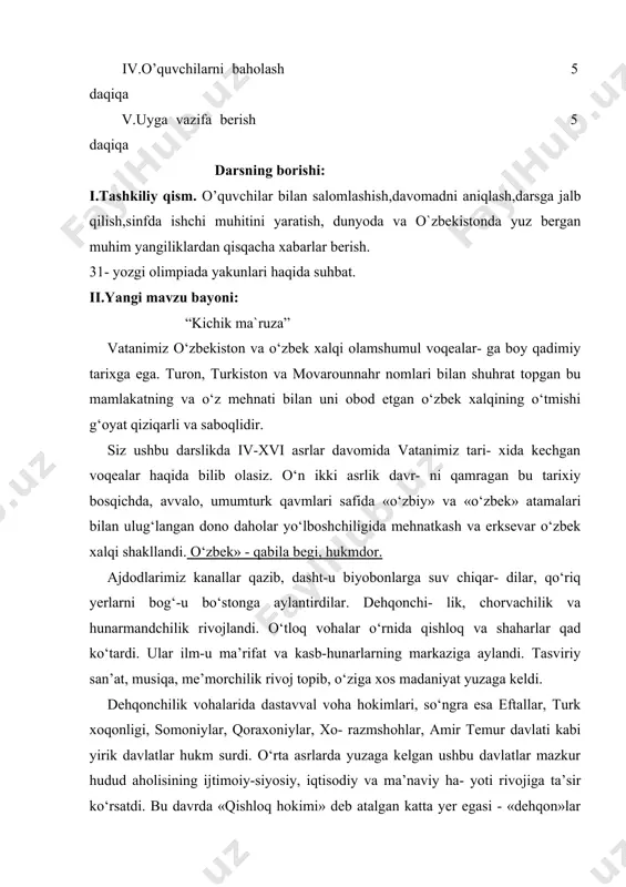 lari safida «o‘zbiy» va «o‘zbek» atamalari bilan ulug‘langan dono daholar yo‘lboshchiligida mehnatkash va erksevar o‘zbek xalqi shakllandi. o‘zbek» - qabila begi, hukmdor. ajdodlarimiz kanallar qazib, dasht-u biyobonlarga suv chiqar- dilar, qo‘riq yerlarni bog‘-u bo‘stonga aylantirdilar. dehqonchi- lik, chorvachilik va hunarmandchilik rivojlandi. o‘tloq vohalar o‘rnida qishloq va shaharlar qad ko‘tardi. ular ilm-u ma’rifat va kasb-hunarlarning markaziga aylandi. tasviriy san’at, musiqa, me’morchilik rivoj topib, o‘ziga xos madaniyat yuzaga keldi. dehqonchilik vohalarida dastavval voha hokimlari, so‘ngra esa eftallar, turk xoqonligi, somoniylar, qoraxoniylar, xo- razmshohlar, amir temur davlati kabi yirik davlatlar hukm surdi. o‘rta asrlarda yuzaga kelgan ushbu davlatlar mazkur hudud aholisining ijtimoiy-siyosiy, iqtisodiy va ma’naviy ha- yoti rivojiga ta’sir ko‘rsatdi. bu davrda «qishloq hokimi» deb atalgan katta yer egasi - «dehqon»lar va ularning ekinzorla- rida ishlovchi yersiz «kadivar»lar, ya’ni korandalar shakllan​di. yerga, suvga bo‘lgan munosabat tubdan o‘zgardi. yerda ishlash va unda qo‘shchilarni ishlatish tartiblari o‘zgardi. meh- natkashlar ustidan zulm kuchaydi, ijtimoiy hayotda tabaqalanish …