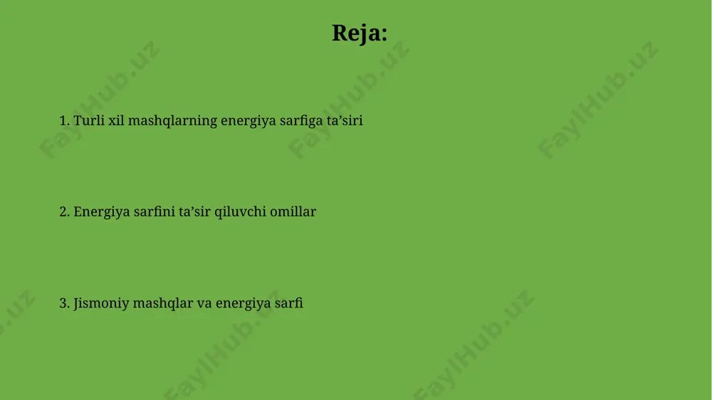 larga nisbatan 25% ga ko'proq kaloriyalar yoqishga yordam beradi, chunki suvning qarshiligi yuqori. energiya sarfini hisoblash usullari aksariyat fitnes-trekerlar va smart soatlar kaloriya sarfini taxminiy hisoblash uchun, foydalanuvchining vazni, bo'yi, yoshi va mashq intensivligini hisobga oladigan algoritmlarni qo'llaydi, xatolik chegarasi ±15% atrofida bo'ladi. energiya sarfini aniqlashda, yurak urish tezligini o'lchash va vo2 max (maksimal kislorod iste'moli) ko'rsatkichlarini hisobga olish orqali, individual energiya sarfini aniqroq hisoblash mumkin. streching va energiya sarfi choʻzish mashqlari yurak urish tezligini daqiqasiga 60-100 zarbaga yetkazishi mumkin, bu esa bazal metabolizm tezligini (bmt) va energiya sarfini oshiradi. statik choʻzish (bir holatda ushlab turish) dinamik choʻzishga (harakat bilan) nisbatan kamroq energiya sarfini talab qiladi, ammo mushaklarning moslashuvchanligini oshirishga yordam beradi. sog'lom turmush tarzini shakllantirish jismoniy faollik metabolik tezlikni oshirib, energiya sarfini ko'paytiradi, bu esa vaznni nazorat qilish va semirishning oldini olishga yordam beradi. taxminan 30 daqiqalik o'rtacha intensivlikdagi mashqlar kunlik kaloriyalarni 150-300 kaloriya miqdoriga oshirishi mumkin. sog'lom turmush …