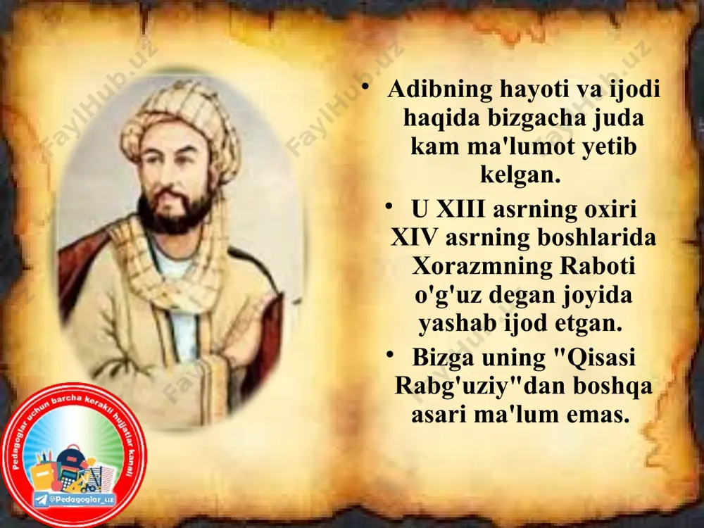 ng turkiy tilda bitilgan qissalari turkiy xalqlarning bebaho ma'naviy mulkiga aylandi. qissalar asosini tarixiy-ilohiy voqealar tashkil etadi. ular o'z ildizlari bilan qur'on va hadislarga, insoniyatning yaratilish va rivojlanish tarixiga borib taqaladi. ammo bularning ko'pchiligi, birinchi navbatda, rabg'uziy badiiy tafakkuri yordamida qayta idrok etiladi, badiiy talqinini topadi. asos bitta! qissalar syujeti, bosh qahramonlari turlicha bo'lsa-da, ularni bir zot - muhammad alayhissalom siymosi o'zaro birlashtirib turadi. "qisasi rabg'uziy" o'ziga xos etnografik xarakterdagi chizgilarga ega asardir. unda turkiy va boshqa xalqlarning ayrim rasm-rusum, urf-odatlari ham muallif nazaridan chetda qolmagan. nozik ta’b shoir bir qator qissalar boshlanishida yoki ichida berilgan o'zbekcha hamda arabcha she'rlar rabg'uziyning nozik ta'b zullisonayn shoir bo'lganligidan darak beradi. shuningdek, juda ko'p o'rinlarda voqealar bayoni, holatlar tasvirida tashbeh, tanosub, tazod, tajnis, takrir, jonlantirish kabi tasvir vositalardan unumli foydalangan. go`zal sa’j xususan sa'j (nasrdagi ichki qofiya) adibning sevimli badiiy vositasi ekanligi ko'zga tashlanadi. muallif sa'jdan asosan ta'rif va tavsif o'rinlarida foydalanadi. masalan, …