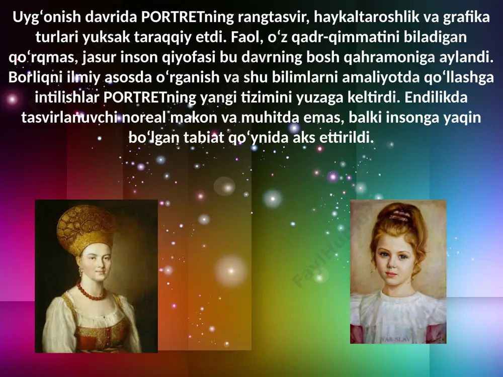 i tasdiqlaydi. portret yaratishda yoshlar ulug’ portret ustalari tajribasini o’rganib. ularda unumli foydalanishlari lozim. portretchi rassom avval tasvirlanuvchi bilan chuqurroq tanishib, bir muncha davrda uni kuzatib, suxbatlashib, uni asosiy harakteri, xususiyatlarini, ichki va tashqi dunyosini yaxshi o’rganishi kerak, m. nesterovning shogirdi portret korin doim bu amallarga sodiq qolib a.tolstoy, n.kachalov, m.nesterov, n.sarьyan portretlarni shu tarzda yaratdi. rahim axmedov portret janrida hayotga chuqurroq yondoshdi. inson ichki kechinmalarini, xis-tuyg’ularini, orzularini, insonning go’zallik qalbini o’z asarida ochib beradi. uning «ona o’ylari», «surxandaryolik ayol», «dehqon portreti» yorqin misol bo’la oladi. malik nabiyev asosan portret janrida zamondoshlari bilan bir qatorda tarixiy allomalar obrazini xam yaratish ustida ko’p mehnat qiladi. u 1952-yili «beruniy» obrazini yaratdi. 1993-yili buyuk sarkarda «amir temur portreti»ni yaratdi. portret kompozitsiyasini yaratishda rassomlarning o’ziga xos uslubi mavjud, u adabiy qo’lyozma, etnografik xujjatlardan unumli foydalanadi. xx asrning ikkinchi yarmida o’zbek portret san’ati yuksalib rivojlandi. portret soxasini lutfulla abdullayev, abdulxak abdullayev, raxim axmedov, malik nabiyevlar …