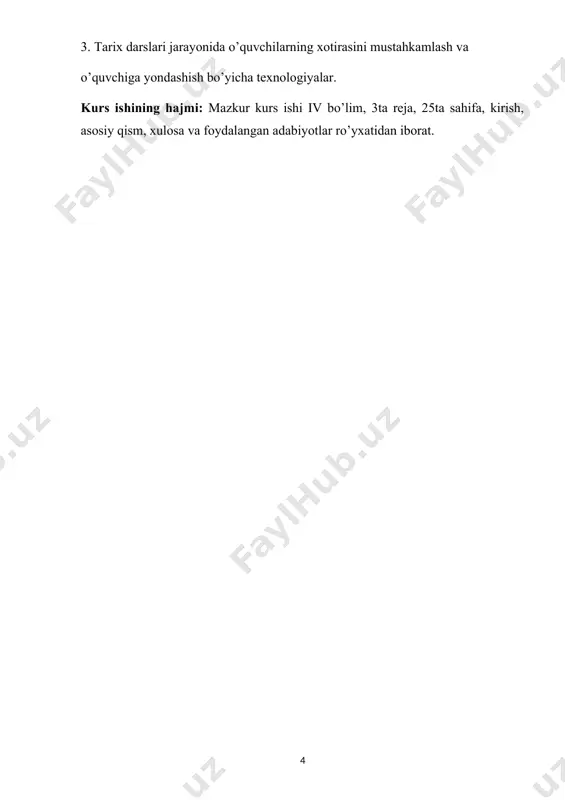 uv ishining asosiy tashkiliy shakli, ammo u ta’limning boshqa shakllarini: ma’ruza, amaliy mashg’ulot, laboratoriya mashg’ulotlari, seminarlar, konsultatsiyalar, uy vazifalari, qo’shimcha mashg’ulotlarni rivojlantirishni istisno etmaydi. lekin shuni esdan chiqarmaslik kerakki, o’quvchilarda tarixga doir bilim va malakalarni vujudga keltirish jarayonining hamma tarkibiy qismlarini bir darsning o’zida amalga oshirib bo’lmaydi. bu ishda o’quvchilarning mustaqil mutolaasi, darsdan tashqari mashg’ulotlar ham katta rol o’ynaydi. ma’lumki, o’tmishni o’rganmay turib kelajakni yaratib bo’lmaydi. zero, bugunning qadru – qimmati, mohiyati va salmog’i kechagi kun taqozosi orqaligina to’liq idrok etiladi. darhaqiqat, tarixdan kelajakka xizmat qiladigan amaliy xulosalar chiqarilmagunicha hech bir jamiyat ilgarilib rivojlanmaydi. jamiyatning ilgarilab rivojlanishi uchun esa o’zining mustaqil fikriga ega bo’lgan, jamiyat taraqqiyoti uchun bor bilim va salohiyatini ishga sola oladigan komil shaxs tarbiyasi asosiy o’rinda turadi. bunday insonlarni tarbiyalash o’z navbatida tarix darslarida amalga oshiriladi. o’qituvchilar tomonidan tarix darslari davomida tarixiy bilimlarni shakllantirish jarayonining asosiy tarkibiy 5 5 qismlarini to’la anglab olish ta’lim tizimi oldida turgan …