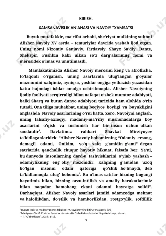 ashlaydigan bo’lsak, navoiy ixlosmandlari tomonidan uning she’rlari yig’ilib, “ilk devon” (1464-65) tuzildi, so’ngra “badoyi ul-bidoya”(“go’zallikning boshlanishi’’), “navodir un-nihoya”(“nodirliklar nihoyasi”) nomli devonlar (1470-yillar) tartib berilgan. lirik merosi umumiy hajmi 50000misradan ortiq “xazoyin ul-ma’oniy” nomli to’rt devon (1491-1498) ga jamlangan. alisher navoiy ijodining yuksak cho’qqisi “xamsa” asari (1483-1485)dir, shoir birinchilardan bo’lib, turkiy tilda to’liq “xamsa” yaratdi va turkiy tilde shunday ko’lamdor asar yozish mumkinligini isbotlab berdi. ushbu to’plamni nizomiy ganjaviyning “panj ganj” (“besh xazina”) asariga havas sifatida yozilganligini o’quvchilarga anglatmoq maqsadida “xamsa”ning kirish qismida: “ emas oson bu maydon ichra turmoq nizomiy panjasig’a panja urmoq.” deya ta’kid etadi. “xamsa” tarkibiga “hayrat ul-abror”, “farhod va shirin”, “layli va majnun”, “sab’ai sayyor” , “saddi iskandariy” kabi dostonlar kiradi . sharqda xamsachilikning o’ziga xos tarixi va an'anasi mavjud. "xamsa" yozishni ozarbayjonlik ulug' shoir nizomiy ganjaviy bosh- lab bergan. lekin u bu asarini avvaldan niyat qilib, ma'lum bir reja asosida yaratmagan. nizomiy 1173—1179- yillarda arzinjon hokimi …