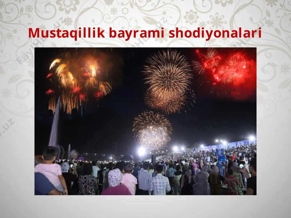 topshiriqlar: 1. biz nima uchun istiqlolni eng buyuk ne’mat sifatida qadrlaymiz? 2. prezidentimiz islom karimovning eng ulug‘ maqsadimiz, eng ulug‘ g‘oyamiz haqida aytgan fikrlari to‘g‘risida gapirib bering. 3. yurt tinchligi, vatan ravnaqi va xalq farovonligi kabi ezgu maqsadlarni amalga oshirish uchun avvalo nima kerak? 4. sizning ham aniq maqsadingiz bormi, uni amalga oshirish uchun nimalar qilasiz? 5. siz ham nimanidir yaratish, bunyod etish haqida orzu qilasizmi? 6. siz tajovuzkor g‘oyani qanday tushunasiz, uning ta’siriga tushmaslik uchun nima qilasiz? image2.jpeg image3.jpeg image4.jpeg image5.jpeg image6.jpeg image7.jpeg image8.jpeg image9.jpeg image10.jpeg image11.png image12.jpeg image13.jpg image14.jpeg image15.jpeg image16.jpeg image17.jpeg image18.jpeg image1.jpeg