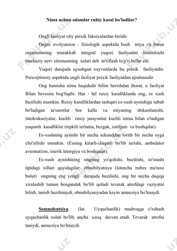 shadi odam ajoyib-g'aroyib tushlar ko'rgandek shirin hayollar dunyosiga cho'mgandek bo'ladi. ko'proq infeksiyalar, shizofreniyada ko'riladi. odam salomatligini saqlashda xarakterning qanday ahamiyati bor? atoqli psixaitorlar s. a. suxanov va p. b. gannushkin tibbiyot- xarakteralogiyasiga katta xissa qo'shdilar isterik, psixastenik, epileptik va boshqa xarakterlarning yorqin tasviri suxanovqa olamiga mansub gannushkinning ishlari psixopatiyalarga bag'ishlangan edi. psixopatiyalarni tushunish uchun patologik xarakter tushunchasi asosiy xisoblanadi. patologik xarakter deganda ayrim xossalari odamning boshqa kishilar bilan o'zaro munosabatini buzishga olib bora oladigan va uning normal faoliyatiga to'sqinlik qiladigan xarakter tushuniladi. xarakterning patologik o'zgarishlari psixopatiyalarda keskin ifodalangan bo'lsa, nevrozlarda sustroq bo'ladi. bu o'zgarish nevrozlarda turmushdagi noqulay shart-sharoit ta’siri bilan kelib chiqadi. nevrotik xarakter xususan isterik va psixastenik xarakter turmush va tarbiya shart-sharoitlariga bog'liq bo'ladi. lazurskiyning tabiiy tajribasidan foydalanib sog'lom va kasal bola yoki katta odam shaxsini ta'riflash uchun qimmatli ma'lumot olsa bo'ladi. xaar bir kishining o'z salomatligiga ma'suliyat bilan jiddiy qarash psixik gigiyena va profilaktika masalalarida muhim rolni o'ynaydi. …