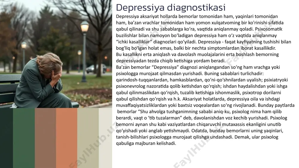 mizdek, depresciya uchun kayfiyatning pasayishi, fikrlar karaxtligi va harakatga bo‘lgan motivatsiyaning yo‘qolishi xosdir. mana shu uchta simptoinning uzoq vaqt birgalikda namoyon bo‘lishi, depressiya diagnozini qo‘yishga asos bo‘la oladi. depressiya bilan og‘rigan bemorlarga dunyoni va atrofda bo‘layotgan voqealarni negativ tarzda qabul qilish, o'zining hayotda tutgan o'rnini pessimistik ruhda baholash, o‘zini hech kimga keraksizdek his qilish o‘ta xosdir. 7 ular doimo xavotirda yashashadi, hech qanday faoliyatga qiziqish bommaydi, atrofdagi o'yin-kulgilarga va yaqinlarining taqdiriga e’tibor ham qilmaydi. ular doimo xo‘rsinib yuradi, ularni chalg‘itish uchun biror-bir ishga majburlash mumkin, biroq, uni hech qanday e’tiborsiz bajaradi va bemorning kayfiyati ko'tarilishiga bu ta’sir qilmaydi. bemorlar uxlay olishmaydi yoki faqat uyqu bosaveradi, yomon tushlar ko‘rib chiqadi. ular turli-tum an bo‘lib, bem or tushida birovlarni bo‘g‘ib omdirib yuradi, pichoqlaydi, olamdan o‘tgan yaqinlami va qonli voqealarni ko‘p ko‘radi. bunday tushlar bemorlar kayfiyatini yanada tushiradi va ahvolini og'irlashtiradi.depressiyaga ta ’rif bera turib, ushbu kasallik uchun xos bo‘lgan yana bir xavfli …