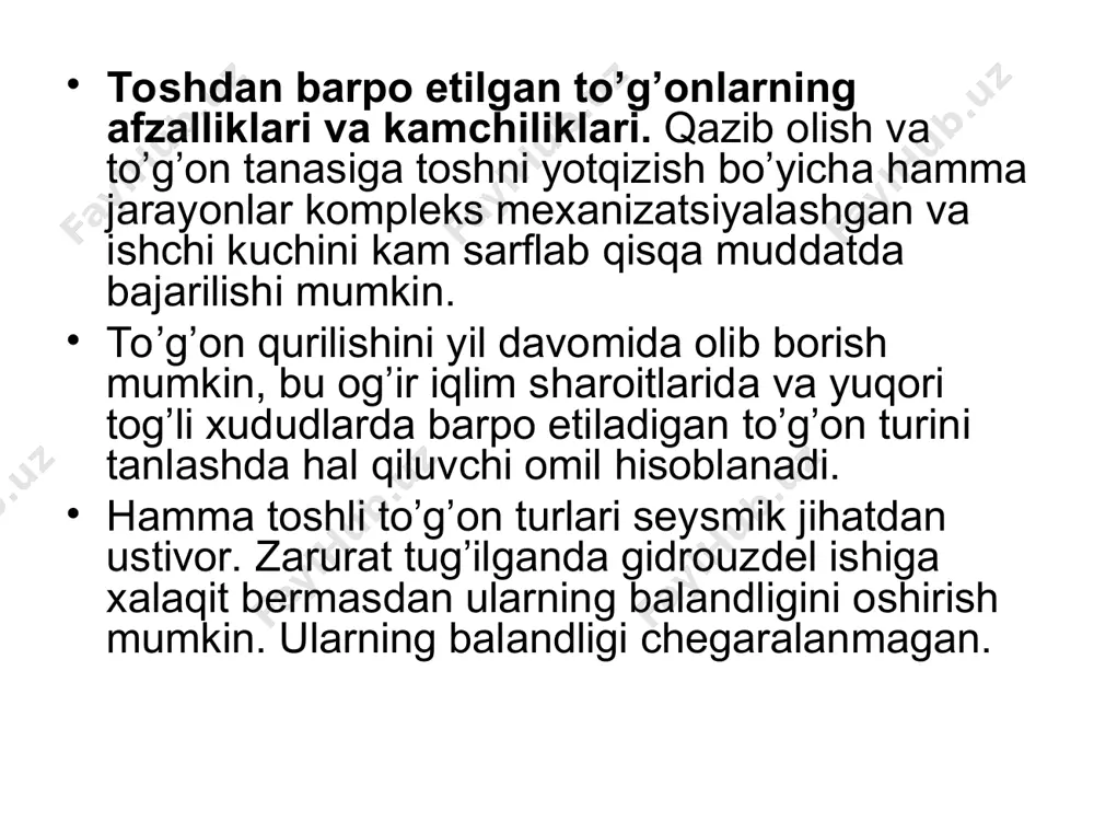 ar; 3-tayanch prizmalar (dastlabki o’rab oluvchi dambalar); 4-yon tomondagi prizmalar; 5-oraliq zonalar; 6-tindirgich-hovuz; 7-tindirilgan suvni chiqarib tashlovchi vaqtinchalik suv tashlash qurilmasi; 8-yadro yo’naltirilgan portlatish bilan barpo etiladigan inshootlar olma-ota to’g’onini barpo etishda yo’naltirilgan portlatish sxemasi: vi…x-o’ng qirg’oqdagi zaryadlar; 1...10-gacha qirg’oqdagi zaryadlar yonbag’irda jinsni oldindan yotqizib portlatish bilan barpo etiladigan inshootlar sxemasi: 1-qirg’oqning yonbag’iri; 2-zaryadni joylashtirish quvurlari; 3-qoyali qirg’oqni bo’laklash zaryadi; 4-tirgak devor; 5-tosh ombori nazorat savollari 1.toshdan barpo etilgan to’g’onlari va kamchiliklari. 2.tosh - to’kma to’g’on profili.