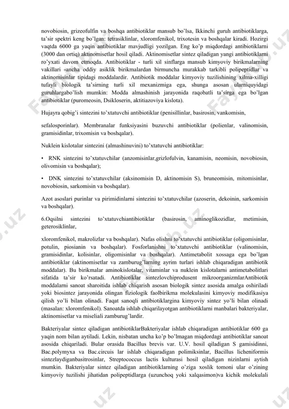 allashtirish) va oziqovqat sanoatida (konservasiya jarayonlarida) keng ishlatiladi. 1987 yilda chet elda ishlab chiqarilgan antibiotiklarning miqdori 3,7 mlrd. dollorni, 1992 yiil 4,2 mlrd. dollorni tashkil etgan bo’lsa 2000 yilga kelib, bu ko’rsatkich 6 mlrd. dan oshib ketdi. ko’pchilik hollarda kasallikqo’zg’atuvchi bakteriyalarga qarshi ularni antogonistlari -boshqa bakteriyalardan foydalaniladi. misol tariqasida tish emalini emiradigan streptococcus mutans shtammiga qarshi shu bakteriyani mutant shtammini qeltirish mumkin. tabiiy shtammga qarshi og’iz chayishga tavsiya qilingan mutant shtamm o’zidan tabiiy shtammni o’ldiradigan oqsil chiqaradi va natijada tishni sog’lom saqlab qolishga erishiladi. bu holatda antogonist bakteriyalar biosterilizatorlar vazifasini bajaradilar. xuddi shu yo’l bilan qishloq xo’jalik o’simliklarini himoya qilish ham mumkin. misol tariqasida fusarium oxysporum zamburug’i chaqiradigan pomidor ko’chatidagi yuqumli kasallikni ko’rsatish mumkin. bu kasallik, shu zamburug’ chaqiradigan fuzar kislotasini ta’sirida kelib chiqadi.bunga qarshi esa pseudomonas solanacterium bakteriyasidan keng qo’llaniladi. pseudomonas bakteriyasi fuzar kislotasini o’z hujayrasiga yutib olish xususiyatiga ega va shu sababli uning kasallik qo’zg’atish xususiyatini kamaytiradi. mikroorganizmlardan …