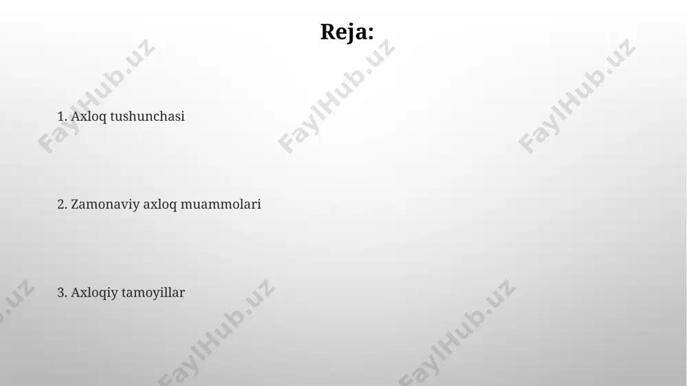 at ichida qabul qilingan va majburiy bajarilishi kerak bo'lgan rasmiy hujjatlar majmuasidir. axloqiy qarorlarni qabul qilish utilitarizm, deontologiya va fazilat axloqi kabi turli axloqiy nazariyalarning 2-3 tasini qo'llash qaror qabul qilish jarayonini yanada to'liq va xolis qiladi. axloqiy qarorlarni qabul qilishda kamida 3 ta variantni ko'rib chiqish va ularning ijobiy va salbiy oqibatlarini 5 ball shkalasi bo'yicha baholash muhim ahamiyatga ega. zamonaviy axloqiy muammolar zamonaviy axloqiy muammolar siberjinoyatchilikning 30% dan ortiq qismini axloqiy me'yorlarning yo'qligi yoki zaifligi bilan bog'liq bo'lib, bu esa shaxslar va jamiyatga katta zarar yetkazmoqda. ijtimoiy tarmoqlardagi noto'g'ri ma'lumotlarning tarqalishi global miqyosda 70% dan ortiq odamlarga ta'sir qilib, yolg'on axborot va manipulyatsiya bilan kurashishni axloqiy jihatdan muhim masala qilmoqda. e'tiboringiz uchun rahmat @taqdimot_robot image3.png image4.jpg image5.jpg image6.jpg image7.jpg image8.jpg image9.jpg image10.jpg image1.png