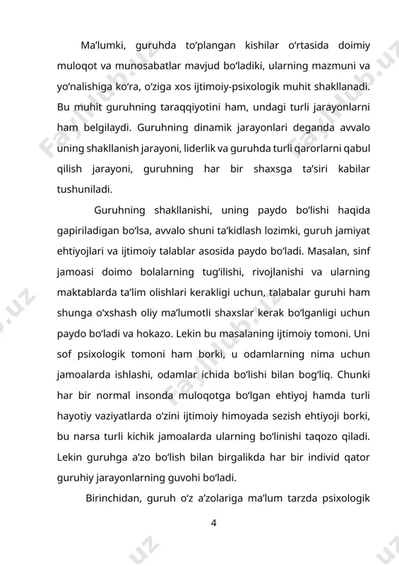 ayonlarni eksperimental ravishda o‘rgangan psixolog kurt levin bo‘lib, uning fikriga ko‘ra, guruh o‘z amaliyoti davomida qator o‘zgarishlar va rivojlanish bosqichlarini boshdan kechiradi. bu o‘zgarishlarni yuzaga keltiruvchi omillar esa guruh ichidagi turli jarayonlar va ularning mutanosib tarzdagi o‘zaro munosabatidir. guruhiy dinamika guruh ichida yashayotgan kuchlarning o‘zaro ta’siri deb tushunilishi mumkin. har qanday guruhda ikki asosiy kuch mavjud: 1) shu guruh oldiga qo‘yilgan maqsad va 2) shu guruh a’zolarining ehtiyojlari. har qanday guruhiy dinamikaning asosida mana shu ikki omil o‘rtasidagi o‘zaro munosabat yotadi. guruhning maqsadi, mazkur guruh a’zolari ehtiyojiga mos kelmasligi ham mumkin. aynan shu holat guruhiy dinamikaniing manbai hisoblanadi. guruhiy dinamika faqat shu guruh ichidagi hodisalar bilan cheklanib qolmaydi. guruhiy dinamikaga ta’sir ko‘rsatuvchi tashqi – ijtimoiy, iqtisodiy omillarni ham sanab o‘tish joiz. aslida bu omillar guruhiy jarayonlarni, ya’ni muqarrar o‘zgarishlarni sekinlashtirishi yoki tezlashtirishi mumkin. bu omillarga qarshi tura olish ma’lum ma’noda guruh a’zolariga va tabiiyki, rahbarga boѓliq. guruhiy hodisa muqarrarligini anglash, …