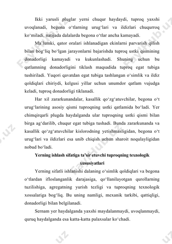 a mablag‘ sarflanadi. natijada ekinning o‘sishi va rivojlanishiga salbiy ta’sir etadi, hosildorlikning kamayishiga olib keladi. haydash usullari yer ikki usulda - aylanma (shaklli) va taxta (zagon)larga bo‘lib haydaladi. aylanma haydash maydonning o‘rtasi yoki chekkasidan boshlanadi. bunda plug qayrilishlarda haydash chuqurligidan ko‘tarilmaydi, haydash esa maydonning o‘rtasi yoki chetida tugallanadi. bu usulda yer sifatli haydalmaydi, chunki haydash chuqurligi hamma yerda bir tekis bo‘lmaydi, ya’ni maydonning o‘rtasida chuqur, qayrilishlarda esa yuza bo‘ladi, hatto haydalmagan chala joylar qoladi. burilish joylarda past-balandliklar hosil bo‘ladi, uni tekislashga ko‘p mehnat sarflanadi. shuning uchun dehqonchilikda aylanma yoki shaklli haydash usuli samarasiz hisoblanadi. dala to‘g‘ri taxtalarga bo‘lib haydalganda sifatli ishlanadi. shuning uchun dala haydashdan oldin taxtalarga bo‘lib chiqiladi. plug taxtaning o‘rtasidan yurib, oxiriga kelganda ikkinchi yurishni o‘ng tomondan boshlasa, ag‘darilayotgan qatlam yonma-yon tushib, marza hosil bo‘ladi. keyingi haydashlar navbat bilan uning har tomonidan davom ettiriladi, bunda qatlamlar hamma vaqt marza tomonga ag‘dariladi. plug taxtaning chekkasidan yurib, oxiriga kelganda chap …