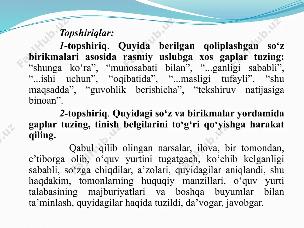 damizot (alisher navoiy). 5. kim ravshan fikrlasa, u ravshan bayon etadi (n.bualo). 6. til fikrni yaratuvchi a’zodir. aqliy faoliyat va til yaxlit butunlikni tashkil etadi (v.fon gumboldt). 7. so‘zlash qobiliyati hodisalar ichiga kirishning yagona va bebaho vositasidir (l.n.tolstoy). 2- mashq. gaplarni o‘qing, ularni til va yozuv taraqqiyoti nuqtayi nazaridan tartib bilan ko‘chiring. 1. viii asrda o‘rta osiyoda islom dini bilan birga arab yozuvi ham tarqaldi. o‘zbek xalqi bu yozuvdagi 28 harfga yana qo‘shimcha to‘rtta harf kiritib, o‘z tiliga moslashtirdi. 2. 1940-yil 8-mayda o‘zbekiston respublikasi hukumatining qarori bilan kirill yozuviga asoslangan yangi o‘zbek alifbosi qabul qilindi. ushbu alifbo asosida “o‘zbek tilining asosiy imlo qoidalari” 1956- yil 4- aprelda tasdiqlangan edi. 3. 1993- yil 2- sentabrda ”lotin yozuviga asoslangan o‘zbek alifbosini joriy etish to‘g‘risida” qonun qabul qilinishi mustaqil vatanimizning ma’naviy-madaniy hayotida jahonshumul ahamiyat kasb etdi. yangi alifboga kiritilgan o‘zgarishlar asosida ”o‘zbek tilining asosiy imlo qoidalari” ishlab chiqildi va o‘zbekiston respublikasi vazirlar mahkamasi …