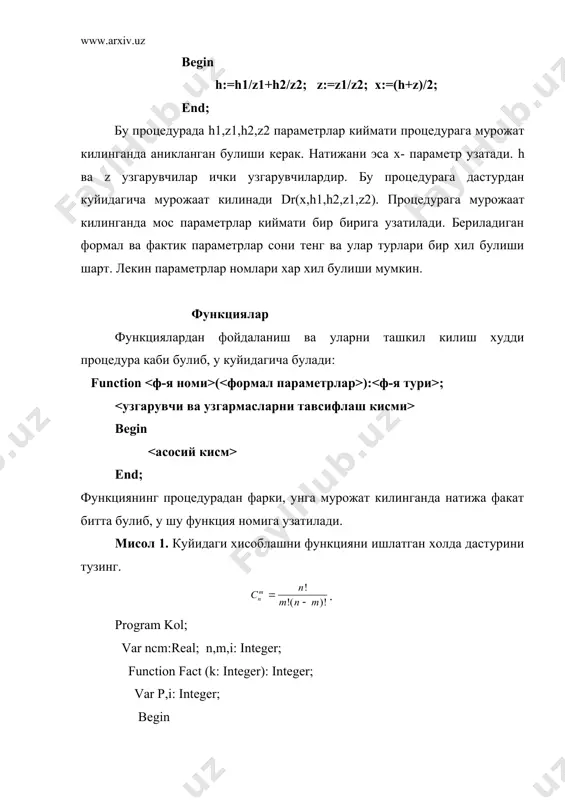 нт кесиб олади. мисол: st:=’тошкент’; p:=copy(st,4,4); жавоб: p=’кент’. delete(st,m,n) - катордан фрагмент кесиб олиб ташлайди. мисол: st:=’тошкент’; p:=delete(st,4,4); жавоб: p=’тош’. _1045889920.unknown _1045903524.unknown