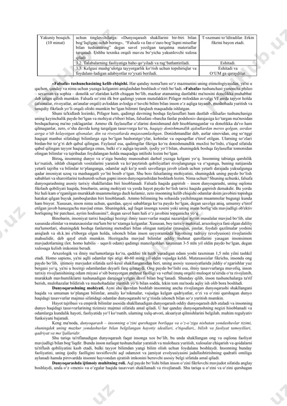 vurni beradi hamda uslubiy va tashkiliy tomonlari bilan tanishtiradi. tinglaydilar. 1.2. mavzuning mohiyati bilan tanishtiradi, uning boshqa mavzular bilan uzviyligi haqida qisqacha ma'lumot beradi. tinglaydilar. 1.3. mavzu yakunida talabalar reyting nazorati mezonlari asosida baholanadi o‘um ga qaraydilar. 1.4. fanni o‘zlashtirishda foydalanish uchun zarur bo‘lgan adabiyotlar ro‘yxati bilan tanishtiradi. o‘um ga qaraydilar. 1.5. birinchi o‘quv mashg‘uloti mavzusi bilan tanishtiradi va uning maqsadi, o‘quv faoliyati natijalarini bayon qiladi. mavzu nomini yozib oladilar. 1.6. birinchi mavzu yuzasidan aqliy hujum qoidasi asosida dars o‘tkazishni taklif etadi. doskaga «falsafa nima?» deb yozadi. talabalar tomonidan aytilgan fikrlarni yozib boradi va umumlashtiradi tushunchalarni erkin fikr orqali bildiradi. ii-bosqich. asosiy (50 minut) 2.1. mavzu rejasi va tayanch tushunchalar bilan tanishtiradi. tinglaydilar. 2.2. mavzunini reja bo‘yicha tahlil qiladi, har bir rejani nihoyasida umumlashtiradi. jarayon kompyuter slaydlarini namoyish qilish bilan olib boriladi tinglaydilar. slaydga e'tibor qaratadi, uni o‘ziga yozib oladi va savollar beradi. 2.3. har bir rejani mustahkamlash uchun quyidagicha …
