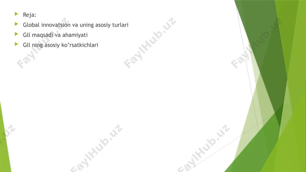 iya siyosatini yanada samarali shakllantirish imkonini beradi. 2.raqobatbardoshlikni oshirish maqsad : innovatsiyalar raqobatbardoshlikni oshirishga yordam beradi.global innovatsion indeks orqali mamlakatlar innovatsion imkoniyatlarini joriy etish va iqtisodiyotni raqobatbardosh qilish uchun zarur strategiyalarni ishlab chiqishadi. ahamiyati:innovatsion qobiliyatini oshirish orqali mamlakatlar global bozorda kuchliroq o’rin egallaydi. bu davlatlarni yangi texnologiyalar va ilg’or mahsulotlar ishlab chiqarishga imkon yaratadi,bu esa iqtisodiy o’sishni tezlashtiradi. 3.global hamkorlikni kuchaytirish maqsad : gll innovatsion rivojlaanishni rag’batlaantirish uchun global hamkorlikni kuchaytirishga yordam beradi.innovatsion yutuqlarni ulashish va birgalikda ishlash orqali xalqaro miqyosda texnologik yutuqlarni kengaytirish. ahamiyati: davlatlar o’rtasida ilmiy va texnologik hamkorlikni kuchaytirish,yangi innovatsiyalarni yaratish va global miqyosda bir-biriga foyda keltirish imkoniyatlarini oshiradi. gll mamlakatlarning innovatsion salohiyatini va natijalarini baholash uchun 80dan ortiq ko’rsatkichlar asosida hisoblanadi. ular 2ta asosiy guruhga bo’linadi: 1.innovatsion resurslar input sub-index institutsional muhit siyosiy barqarorlik va hukumat sifati mamlakatning siyosiy muhitining innovatsiyalar uchun qulayligi. qonunchilik tizimi – intellectual mulk huquqlari va innovatsion faoliyatni himoya qilish darajasi. biznes …