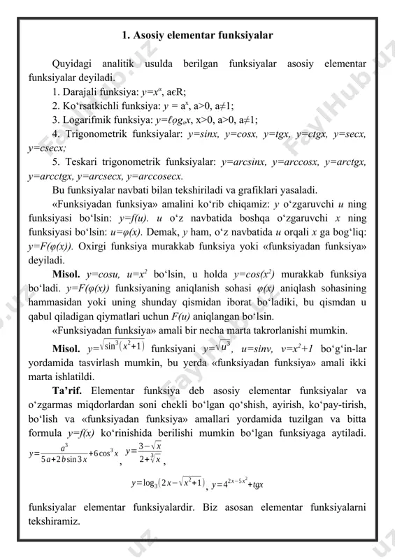 ing. 255. , , bo‘lsa, elementar funksiyani yozing. 256. , bo‘lsa, elementar funksiyani yozing. 257. , funksiya elementar funksiya bo‘ladimi? 258. funksiya elementar funksiya bo‘ladimi? 259. quyidagi funksiyalarni elementar funksiya zanjiri bo‘g‘inlari ko‘rinishida yozing. 1) , 2) , 3) , 4. 260 bo‘lsa, ni toping. 261. bo‘lsa , ni toping. javoblar: 254. 3., 256. , 258. yo‘q 2. ax+by+c=0 chiziqli funksiyaning geometrik ma’nosi ta’rif: , chiziqli funksiya yoki to‘g‘ri proporsional bog‘lanish deyiladi. bu funksiya uchun , , bo‘-lib, grafigi to‘g‘ri chiziqdan iborat ekanligini ko‘rsatamiz. to‘g‘ri chiziq grafigini yasash uchun uning ikkita nuqtasini bilish yetarli. 1-misol. ning grafigini yasaymiz. bu yerda deb , ya’ni nuqtani deb , ya’ni nuqtani topamiz. bu nuqtalarni koordinatalar tekisligida belgilaymiz va ularni to‘g‘ri chiziq bo‘yicha tutashtirib, funksiyaning grafigini topamiz (18-rasm). y a 2 x 0 1 18-rasm. shunga o‘xshash, funksiya grafigi nuqtadan o‘tishini ko‘rish mumkin. demak, funksiyada bo‘lsa, to‘g‘ri chiziq koordinatalar boshidan o‘tadi. 2-misol. grafigini yasaymiz. …