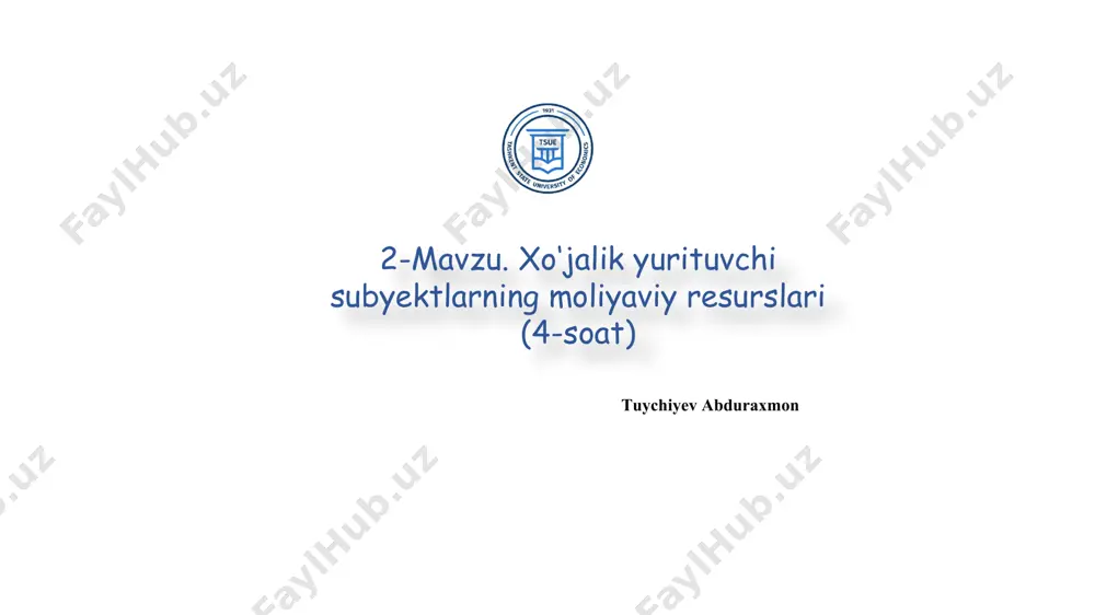 ва фоизсиз ташкилотнинг ўзининг сақланган маблағлари. ташқари молиявий ресурслар: кредитлар: банклар ва молия ташкилотларидан олинган қарзлар. акциялар ва облигациялар: корхона акцияларини сотиш орқали жозибали молиялаштириш. ташқи инвестициялар: хорижий инвесторлар томонидан кўрсатиладиган сармоялар. ҳукуматдан олинган молиявий ресурслар: субсидиялар: давлат томонидан тақдим этиладиган молиявий ёрдам. қарзлар ва грантлар: давлатнинг инвестиция маблағлари ёки грантлар орқали кўрсатиладиган ёрдам. шахсий капитал: оилавий ва шахсий маблағлар: ташкилотлар учун оилавий ёки шахсий сармоялар. ҳар бир тадбиркорнинг капиталини топиш: тадбиркорлар, бизнесни бошлаш ёки кенгайтириш учун маблағ топиш имкониятлари. ўз сармоясини олиш: капитал бозорлари: фондлар, активлар ёки бошқа сармоялар орқали маблағ топиш. молиявий ресурслар турли хил манбалардан келиб чиқади бу ресурслардан ҳар хил мақсадларга мувофиқ фойдаланилади, ва ҳар бир бизнес ёки ташкилот ўзининг молиявий стратегиясига кўра, уларни бошқариш ва тақсимлашни ташкил қилади. moliyaviy resurslar va kapital moliyaviy resurslar — bu xyusning ishlab chiqarishni rivojlantirish va yangidan boshlash uchun zarur bo‘lgan pul shaklidagi kapitaldir. bu kapital nafaqat pullik resurslardan iborat …