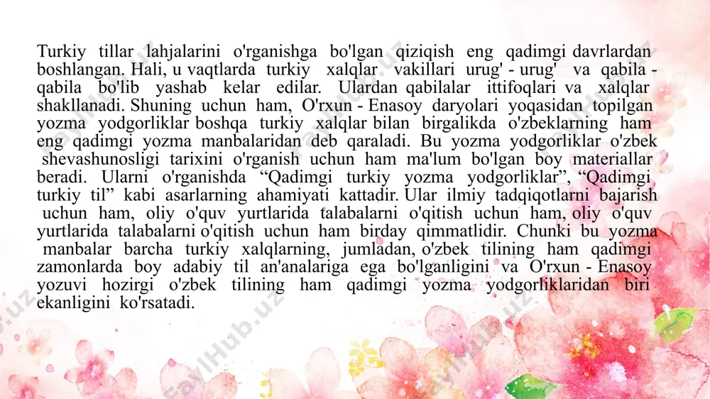 ng qadimgi yozma manbalaridan deb qaraladi. bu yozma yodgorliklar o'zbek shevashunosligi tarixini o'rganish uchun ham ma'lum bo'lgan boy materiallar beradi. ularni o'rganishda “qadimgi turkiy yozma yodgorliklar”, “qadimgi turkiy til” kabi asarlarning ahamiyati kattadir. ular ilmiy tadqiqotlarni bajarish uchun ham, oliy o'quv yurtlarida talabalarni o'qitish uchun ham, oliy o'quv yurtlarida talabalarni o'qitish uchun ham birday qimmatlidir. chunki bu yozma manbalar barcha turkiy xalqlarning, jumladan, o'zbek tilining ham qadimgi zamonlarda boy adabiy til an'analariga ega bo'lganligini va o'rxun - enasoy yozuvi hozirgi o'zbek tilining ham qadimgi yozma yodgorliklaridan biri ekanligini ko'rsatadi. biz bu yodgorliklar orqali hozirgi o'zbek shevalaridagi ba'zi bir xususiyatlarning ham qadimdan mavjud ekanligini ko'ramiz. mahmud qoshg'ariy o'z davrining ulug' olimi sifatida urug' - qabilalarning tillarini sinchiklab o'rgandi, bu keng zamindagi ona urug'larni, ya'ni yirik - yirik urug'lar tillarini olib tekshiradi. u o'zi yashagan davrdagi qabilalar va qabila ittifoqlari hamda ularning tillarini o'rganish maqsadida shaharma - shahar, qishloqma - qishloq, yaylovma …