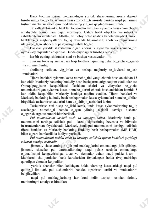 bilan izohlanadi. o‗zbekistonda pul muomalasini tashkil etish va naqd pulli hisob – kitoblarni amalga oshirish tartibi o‗zbekiston respublikasi markaziy banki boshqaruvining 2005 yil 20 avgustdagi 18/1 – sonli qarori bilan tasdiqlangan, adliya vazirligida 2005 yil 10 oktyabrda 1518 – son bilan ro‗yxatga olingan ―o‗zbekiston respublikasida banklar tomonidan pul muomalasiga doir ishlarni tashkil etish to‗g‗risida‖gi (avvalgi 6 – sonli) yo‗riqnomasi asosida amalga oshiriladi. markaziy bank pul muomalasini tartibga solishda va naqd pulli hisob – kitoblarni tashkil etishda quyidagi ishlarni bajaradi: 1. naqd pul aylanmasini xomcho‗t (prognoz) qiladi; 1. pul muomalasini tashkil etadi va tartibga soladi; 1. naqd pullarni tijorat banklariga jo‗natish, qabul qilish, saqlash va samarali foydalanish ustidan nazoratni tashkil etadi. naqd pul aylanmasini xomcho„t (prognoz) qilish tartibi. naqd pul aylanmasini xomcho‗t qilish tijorat banklarining aylanma kassalarini xomcho‗tini tuzish yo‗li bilan amalga oshiriladi. markaziy bank hisob – kitob kassa markazlari (hkkm) va tijorat banklarining tegishli hududlar bo‗yicha aylanma kassalarni xomcho‗tini amalga …
