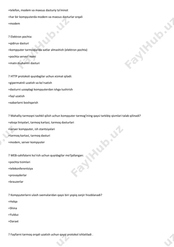 loqa kanallari uchun uskunalarni boshqarish ? barcha ish stantsiyalari serverga (fayl serveri) ulangan lokal tarmoq konfiguratsiyasi (topologiyasi) deyiladi =daraxt =shina =yulduz =halqa ? axborot almashish kanallari bilan bog'langan va bitta (yoki bir nechta) xonalar, binolar ichida joylashgan kompyuterlar to'plami quyidagicha nomlanadi: =global kompyuter tarmog'i =ko'prikli axborot tizimi =elektron pochta orqali =lokal kompyuter tarmog'i ? aloqa vositasi sifatida lokal kompyuter tarmoqlaridan =faqat bir nechta foydalanuvchilar o'rtasida ma'lumot almashishadi =barcha foydalanuvchilar uchun umumiy kiritish moslamalari - printerlar, plotterlar va mahalliy ahamiyatga ega bo'lgan umumiy axborot resurslariga kirishni ta'minlaydi =odamlar bilan bevosita muloqot qiladi =bir nechta foydalanuvchilar o'rtasida ma'lumot almashish, barcha foydalanuvchilar uchun umumiy bo'lgan chiqariladigan qurilmalarga (printerlarga), shuningdek mahalliy ahamiyatga ega bo'lgan umumiy axborot resurslariga kirishni tashkil etadi ? tarmoq protokoli: =tarmoq orqali uzatiladigan ma'lumotlarni sharhlash qoidalari =tarmoqdagi ikkita kompyuter o'rtasida aloqa o'rnatish qoidalari =kompyuter tarmog'ida sodir bo'lgan voqealarni ketma-ket yozib olish =kompyuter tarmog'idagi o'zaro aloqalar to'g'risidagi bitimlar to'plami ? tarmoq foydalanuvchilari …