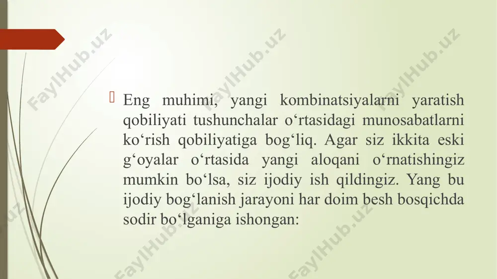 inchidan, biz narsalarni qanday qilib to‘g‘ri o‘lchashimiz kerak? birinchisi, mahsulotdagi ijodkorlikning tegishli ko‘rsatkichlarini aniqlash masalasi, ikkinchisi - mahsulot ijodkorligini qandaydir obyektiv (odatda, raqamli) shaklda ifodalash uchun foydalanadigan usullarimiz va ularning aniqligi to‘g‘risida m.v.korotkovaning e’tirofiga ko‘ra, ta’limda foydalaniladigan ijodiy topshiriqlar (ijodiy o‘quv topshiriqlari) – ta’lim oluvchilarni “hali o‘zlashtirilmagan usullar yordamida yangi axborotlarni izlashga undovchi, shu bilan birga yangi o‘zlashtirilgan axborot, vizual, matnli va boshqa xarakterdagi ma’lumotlarni mazkur harakatning mahsuli” sifatida taqdim etishga imkon yaratadigan o‘quv topshiriqlari hisoblanadi. topshiriqlar ijobiy kayfiyat va miya faoliyatini rag'batlantirish uchun . bir varaq qog'ozni oling va uni yarmiga bo'ling. chap ustunda maqsadlaringizga to'sqinlik qiladigan qo'rquvlarni sanab o'ting. varaqning ikkinchi yarmida qo'rquvni engish uchun batafsil harakatlar rejasini tuzing. aqliy faoliyatni rag'batlantirish uchun topshiriqlar. so'zni yozing va unga iloji boricha ko'proq uyushmalar taklif qilishni taklif qiling.masalan, uchburchak: burchak, geometriya, oyoq, gipotenuza, chizish, shakli, belgisi, vazifasi, chizish, bermud, sevgi, zigzag, echpochmak, uchburchak, bilyard, piramidalar…"mos kelmaydigan narsalarni birlashtirish": so'zlarni qarama-qarshi …