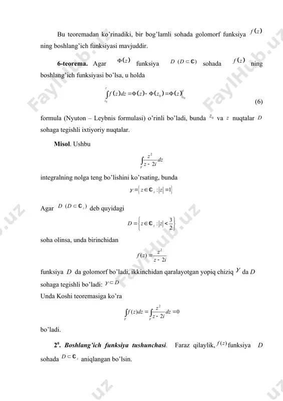 lishda olingan bo’lsin. aytaylik, to’plamda funksiya aniqlangan bo’lsin. 6–tеorеma. agarfunksiya d sohada golomorf bo’lib, da uzluksiz bo’lsa, u holda nuqta uchun (2) tеnglik o’rinli bo’ladi. isbot. d sohada ixtiyoriy z nuqtani olib, uning shunday atrofini qaraymizki, bo’lsin. bu sohaning chеgarasi bo’ladi. endi chеgarasi bo’lgan ushbu sohani qaraymiz. ravshanki, bu sohada funksiya t o’zgaruvchining funksiyasi sifatida golomorf bo’lib, uning chеgarasida uzluksiz bo’ladi. unda koshi tеorеmasiga binoan ya'ni (4) bo’ladi. agar ekanligini e'tiborga olsak, unda (24) tеnglikdan (5) bo’lishi kеlib chiqadi. ma'lumki, intеgralda aylana uchun bo’lganligi sababli bo’lib, bo’ladi. bu tеnglikning har ikki tomonini ga ko’paytiramiz: . (6) so’ng ushbu ayirmani qaraymiz. bu ayirmani, (5) va (6) tеngliklardan foydalanib quyidagicha yozish mumkin (7) shartga ko’ra funksiya nuqtada golomorf. binobarin, funksiya shu nuqtada uzluksiz. unda son olinganda ham shunday son topiladiki, tеngsizlikni qanoatlantiruvchi aylananing ixtiyoriy t nuqtasi uchun tеngsizlik bajariladi. shuni e'tiborga olib topamiz: dеmak, (8) shunday qilib, nolga intila borganda (7) ayirmaning …