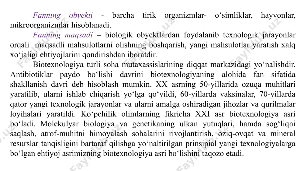 to’planib qolishi hamda fundamental tadqiqotlarning yangi va samarali usullarining paydo bo’lishidir. biotexnologiyaning fan va ishlab chiqarish sohasidagi ahamiyati. biotexnologiya – rivojlanish bilimlar texnologiyasidir. aqshning “djenetik” firmasi biotexnologik jarayonlar uchun 76% mablag‘ sarflash o’rniga, qayta ishlab chiqarish natijasida boshqa firmalarga qaraganda ancha kamroq bo’lgan – 12% mablag‘ni sarflaydi. bu firma ishchilarining 35% ini fan doktorlari tashkil qiladi. shu usul bilan yangi biotexnologiya, fan biotexnologiyasidan ko’proq yangiliklarni izlashda, ishlab chiqarishning oson tomonini izlab topmoqda. birgina fan texnologiyasi yo’li ishlab chiqarishda faol qatnashadi. albatta bu sohada qo’yilgan qadam chuqur fundamentga asoslangan holdagina kerakli samarani berishi mumkin. yangi texnologiyani o’ziga xosligini tan olgan holda qishloq xo’jaligi va mahalliy biotexnologiya imkoniyatlarini birlashtirilishi ayni muddao bo’ladi. bu jarayon o’z navbatida tirik tabiatga va mikroorganizmlarga qolaversa, tabiatga uni mavh etish darajasidagi ta’sirni o’tkazish mumkin. biotexnologiya mavjud bo’lgan bunday masalani hal qilishga intilmoqda. yaqin kelajakda biotexnologiya o’zining imkoniyatlari va rejalashtirayotgan ishlari bilan yuzaga keladigan muammolarni to’laligicha hal qila …
