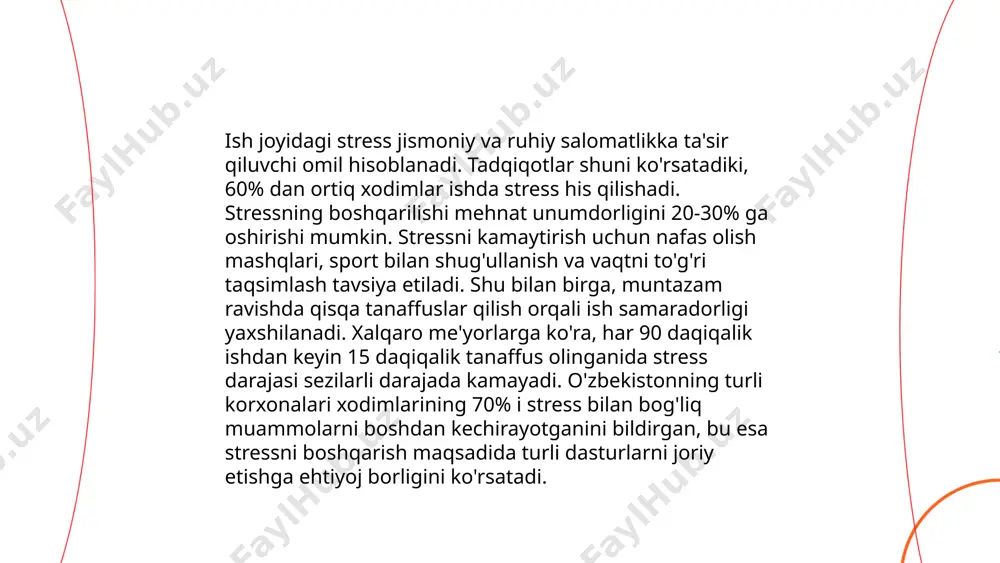yatli liderlar o'z-o'zini anglash, empatiya va samarali kommunikatsiya kabi yumshoq ko'nikmalarga ega bo'lishlari zarur. ... t.me/slaydai_bot 10. mehnatdagi qoniqish va ish muhiti mehnatdagi qoniqish va ish muhiti xodimlarning samaradorligi va motivatsiyasiga sezilarli ta’sir ko‘rsatadi. o‘zbekiston respublikasida o‘tkazilgan tadqiqotlar natijasida, xodimlarning 65%i mehnatdagi qoniqish darajasini muhim deb bilishlari aniqlangan. ish muhitining yaxshi tashkil etilishi xodimlarning qoniqishini 20-30% oshirishi mumkin. shuningdek, ergonomik ofis jihozlari va moslashuvchan ish soatlari qoniqish darajasini 15-20% ga oshiradi. xodimlarning 40%i esa rahbariyat bilan ochiq muloqotni qoniqish uchun muhim deb hisoblaydi. ma'lumotlarga ko‘ra, o‘zbekistonda har yili mehnat qoniqishini oshirish hamda ish muhitini yaxshilash bo‘yicha 25ga yaqin dastur amalga oshiriladi. bu amaliyotlar ish joyidagi barqarorlikni ta’minlashga yordam beradi va xodimlarning o‘z vazifalariga sodiqlik darajasini 10-15% ga oshiradi. ... t.me/slaydai_bot qaror qabul qilish jarayonlari tashkilotlarda yoki shaxslar o'rtasida maqsadga erishish uchun amalga oshiriladigan analitik va strategik jarayondir. bu jarayon odatda quyidagi bosqichlarni o'z ichiga oladi: muammoni aniqlash; maqsadlarni belgilash; axborotni …